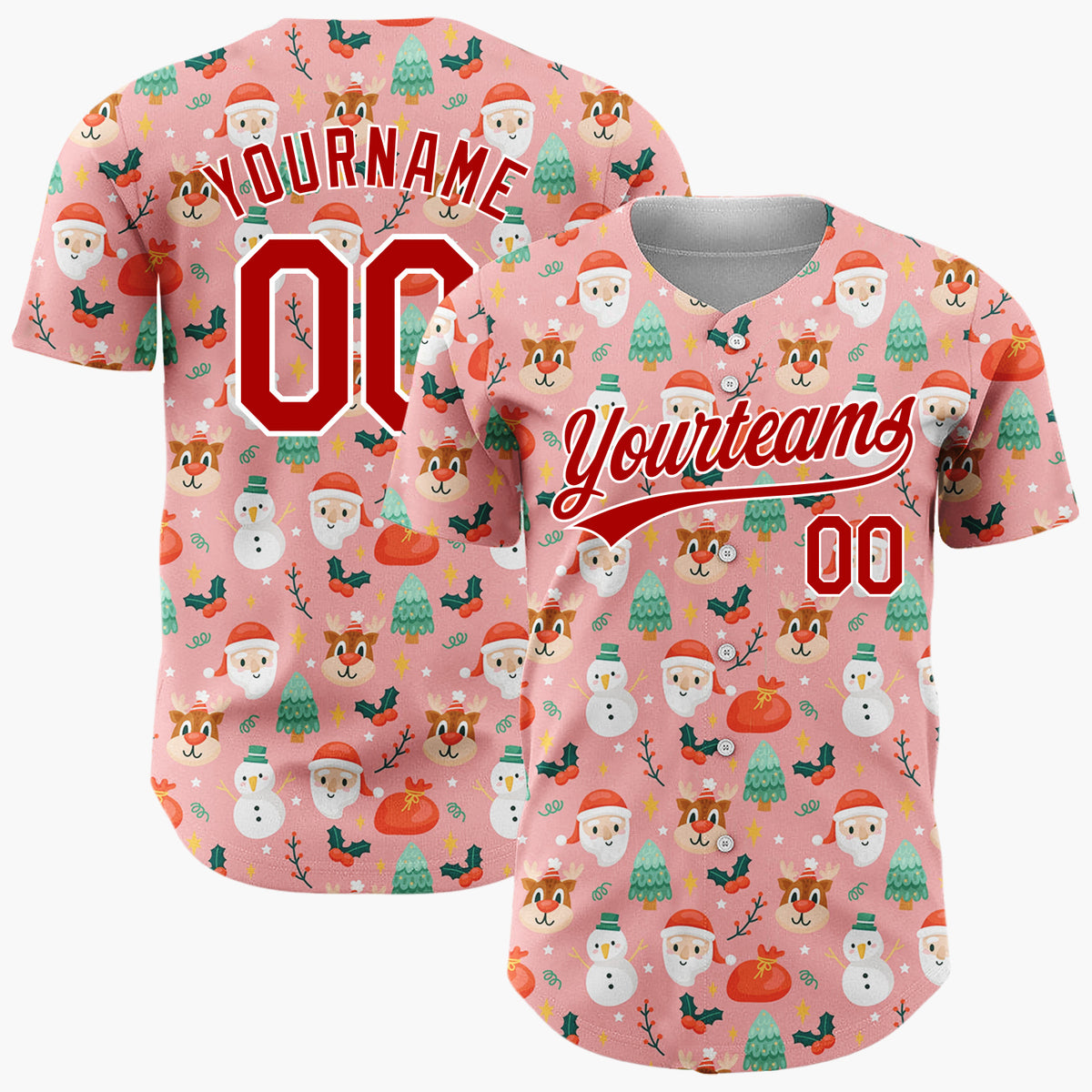 Custom Pink Santa Snowman Christmas Doodles Cartoon Pattern Christmas Baseball Jersey