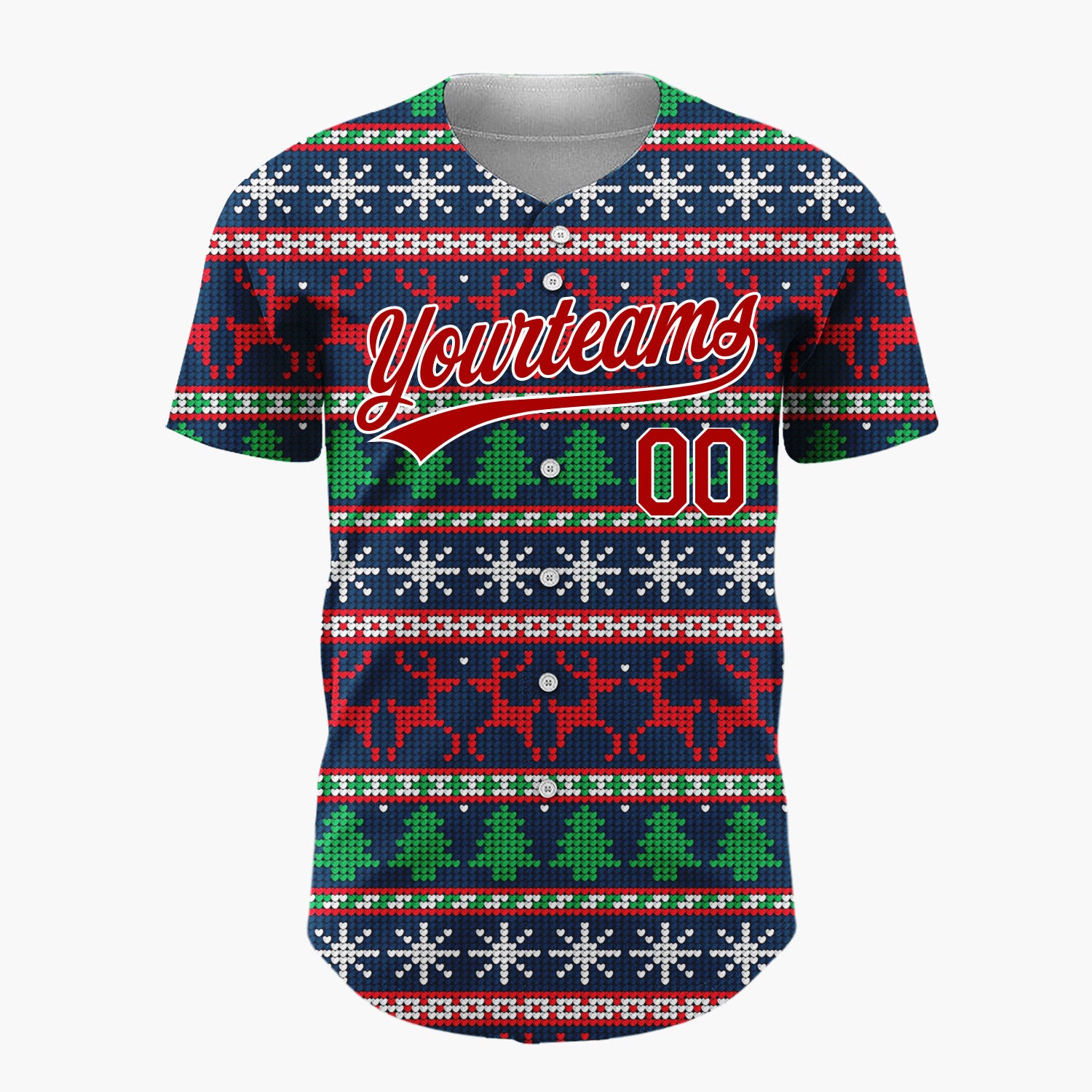 Custom Navy Red Reindeer Snowflakes And Trees Christmas Fair Isle Knit Pattern Christmas Baseball Jersey