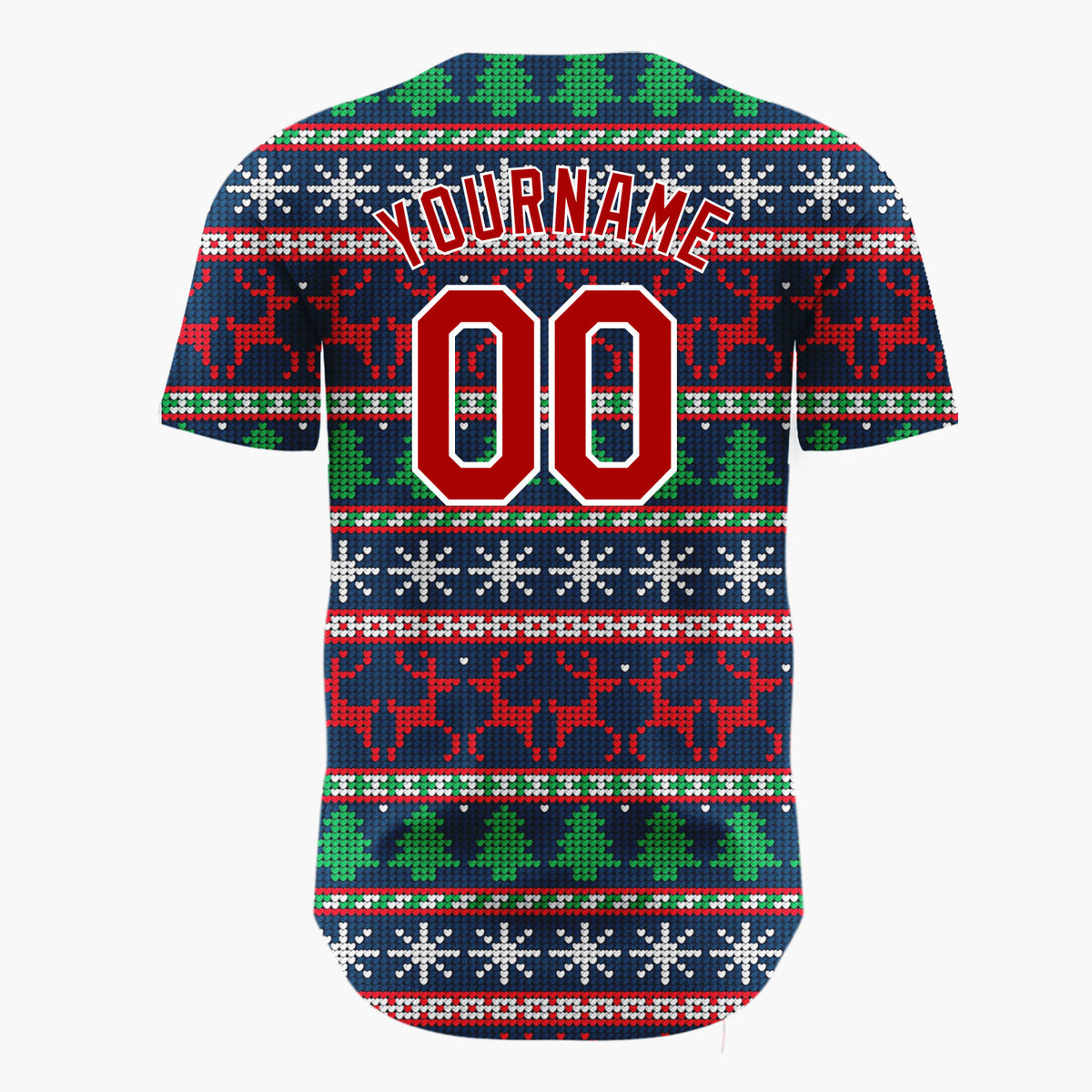 Custom Navy Red Reindeer Snowflakes And Trees Christmas Fair Isle Knit Pattern Christmas Baseball Jersey
