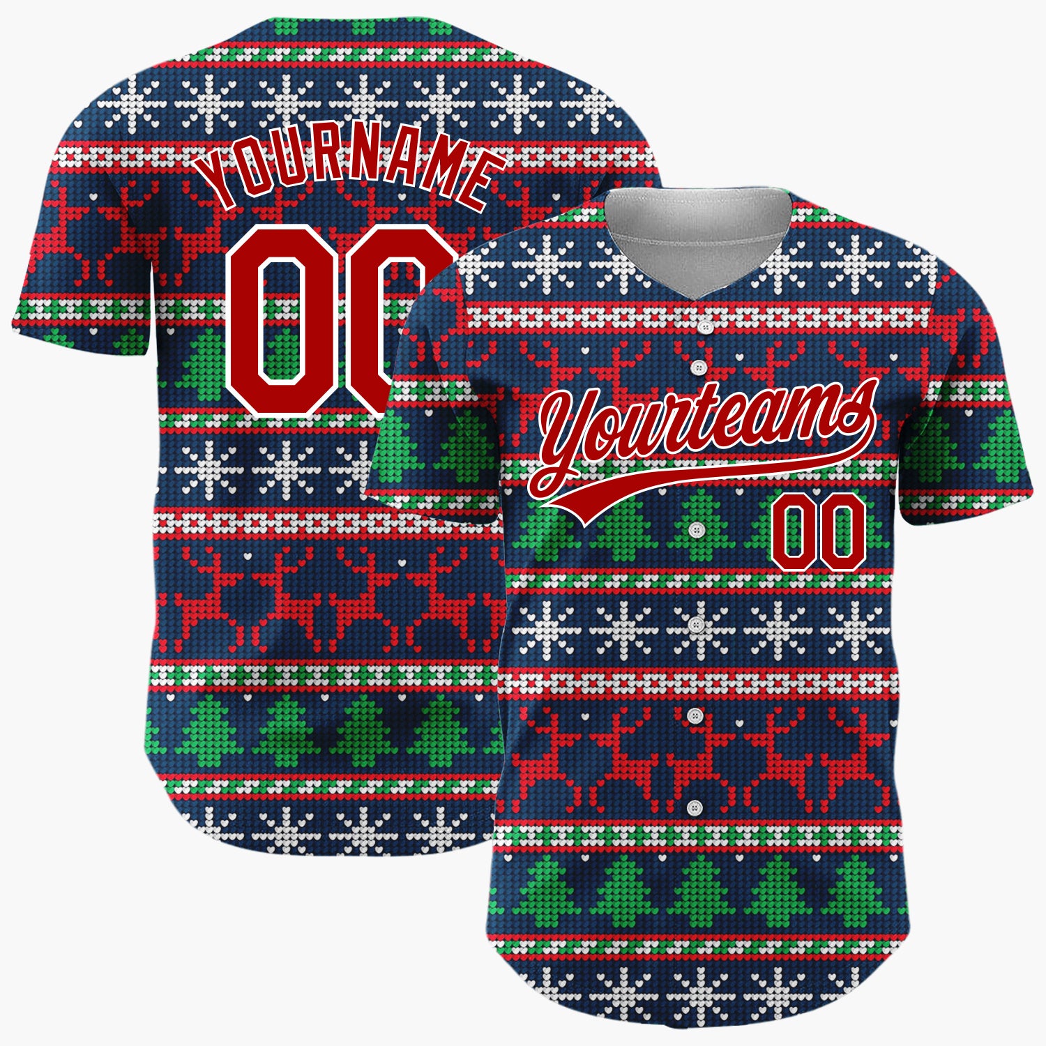 Custom Navy Red Reindeer Snowflakes And Trees Christmas Fair Isle Knit Pattern Christmas Baseball Jersey