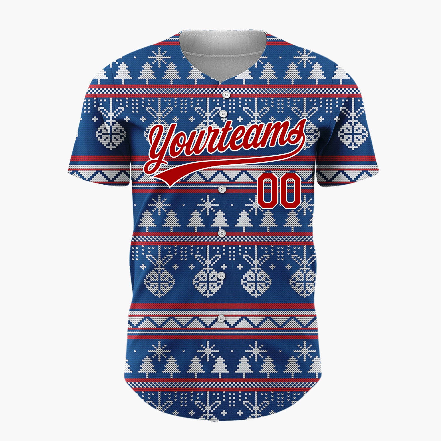 Custom Navy White Ornaments Trees And Snowflakes Nordic Knit Christmas Baseball Jersey