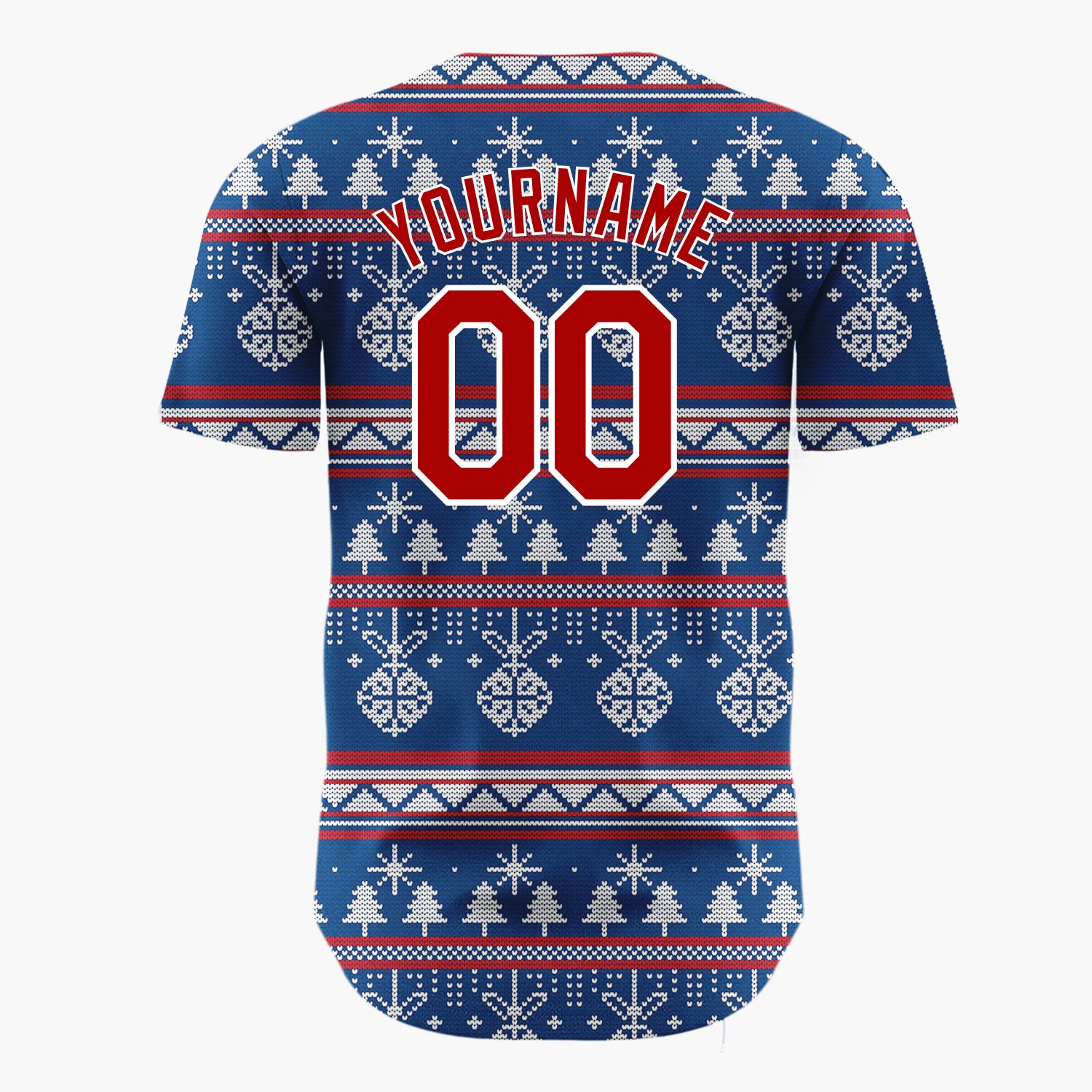 Custom Navy White Ornaments Trees And Snowflakes Nordic Knit Christmas Baseball Jersey