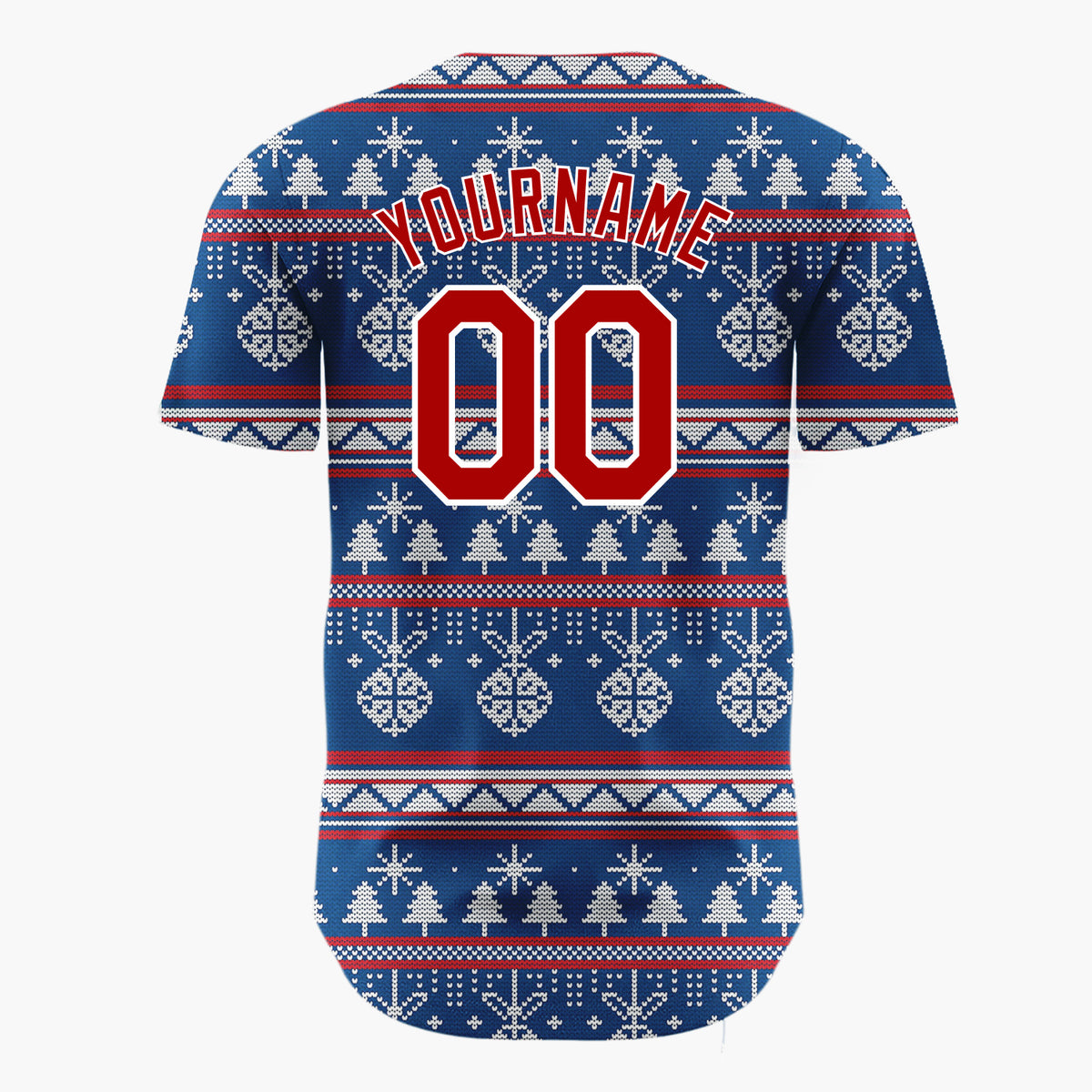 Custom Navy White Ornaments Trees And Snowflakes Nordic Knit Christmas Baseball Jersey