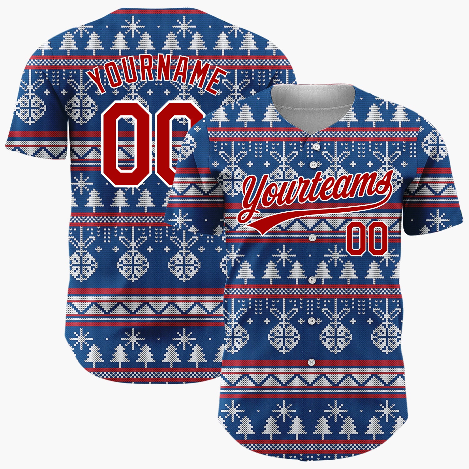 Custom Navy White Ornaments Trees And Snowflakes Nordic Knit Christmas Baseball Jersey