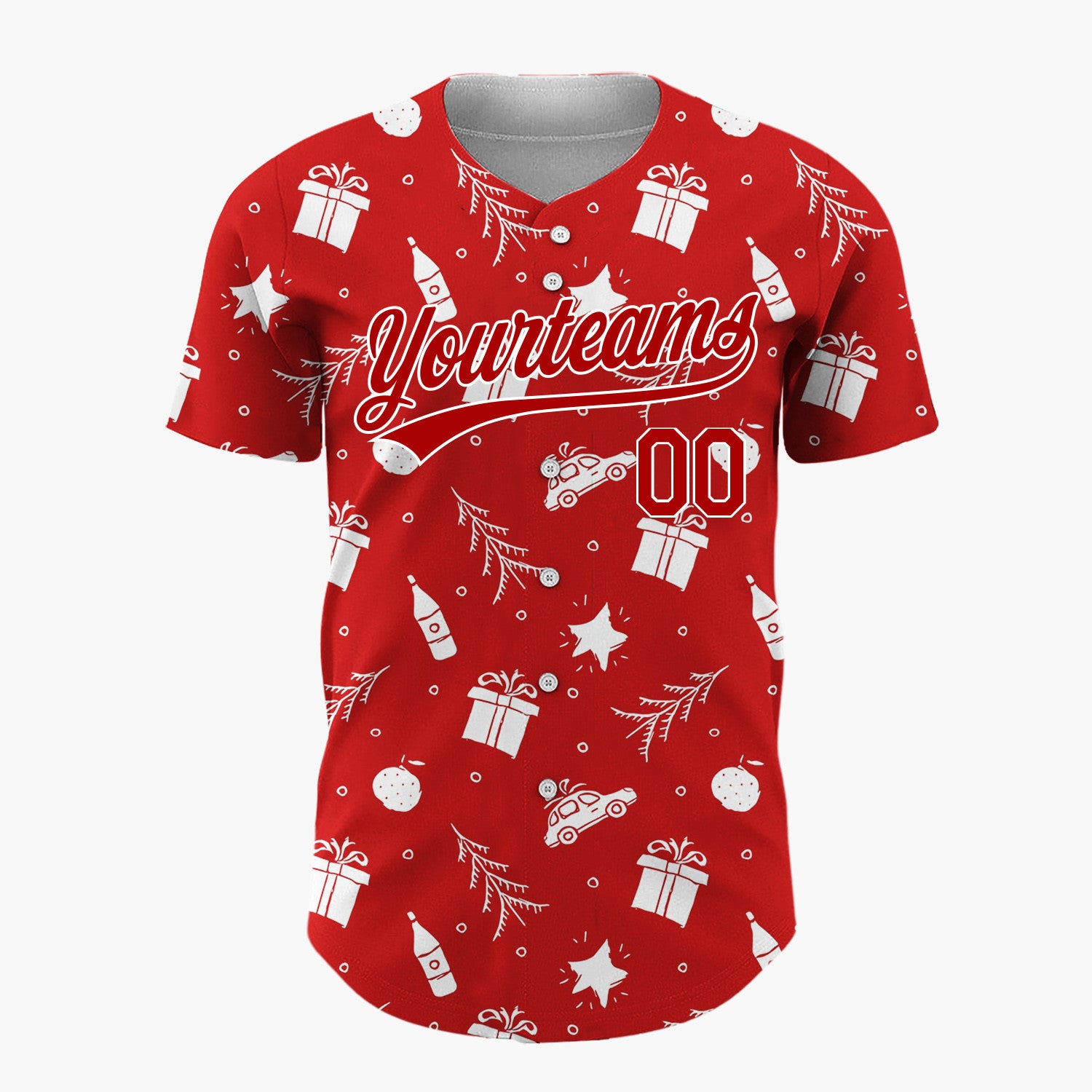 Custom Red Car Gift And Star Doodle Christmas Baseball Jersey