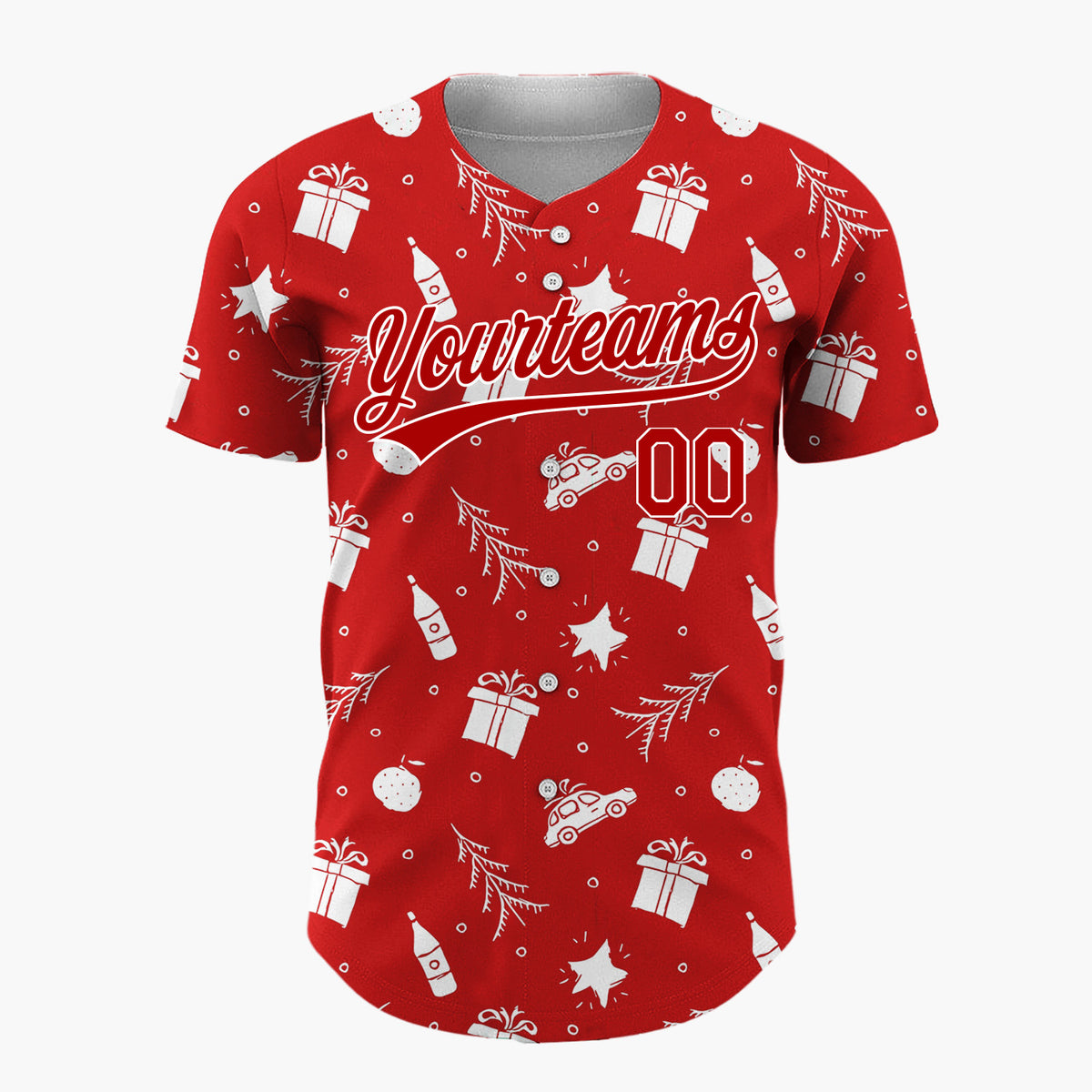 Custom Red Car Gift And Star Doodle Christmas Baseball Jersey