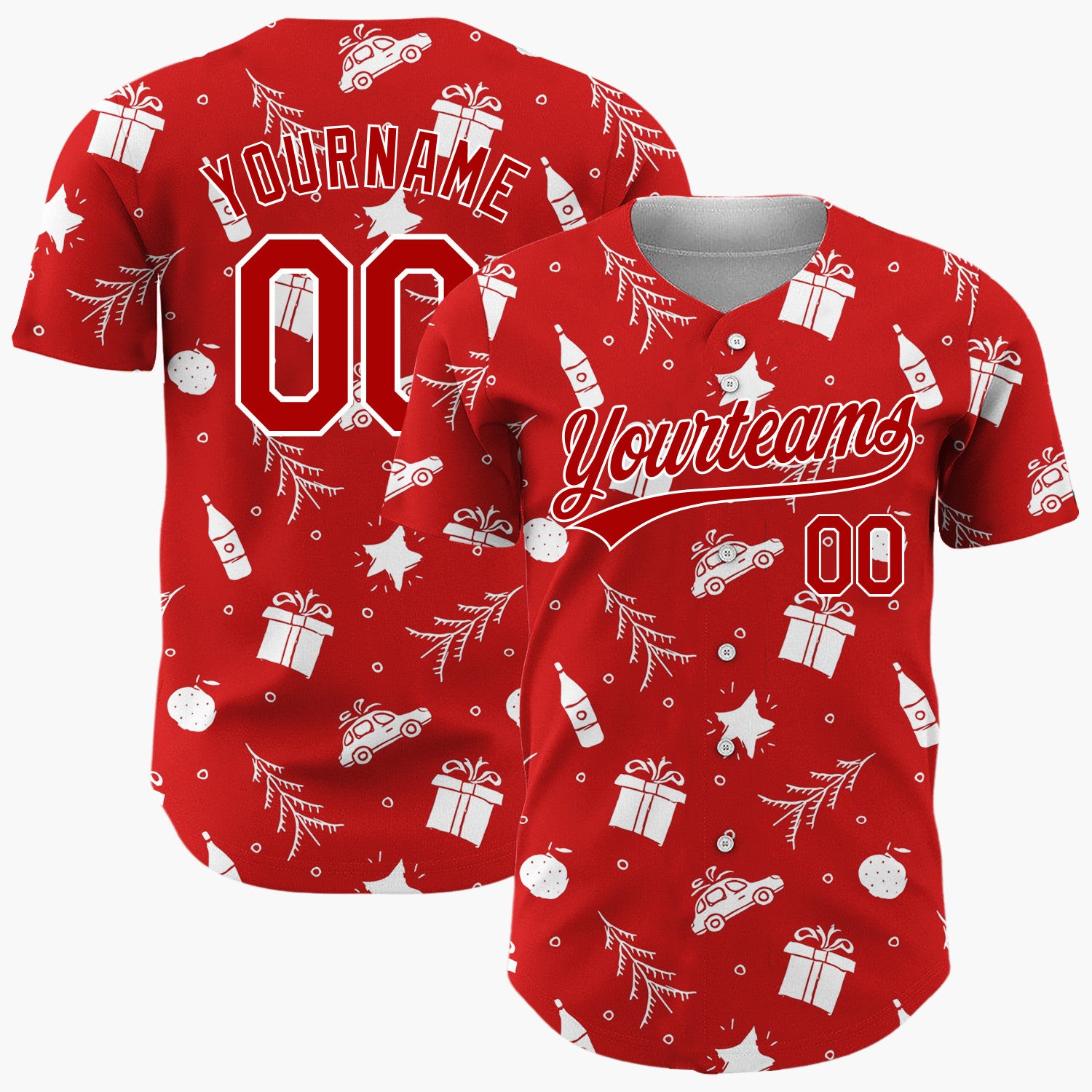 Custom Red Car Gift And Star Doodle Christmas Baseball Jersey
