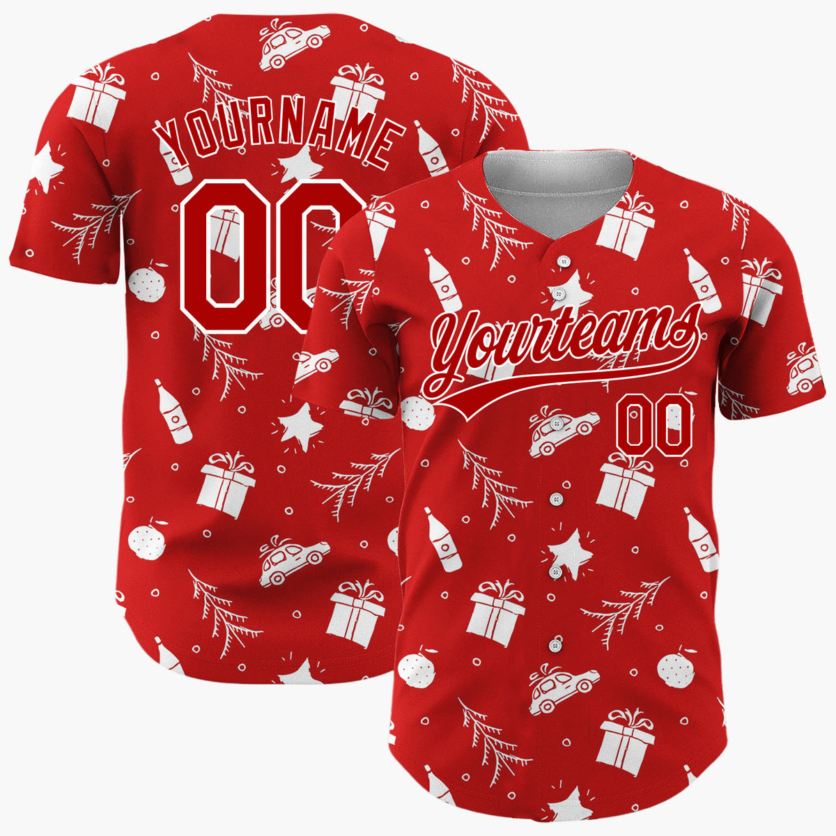 Custom Red Car Gift And Star Doodle Christmas Baseball Jersey