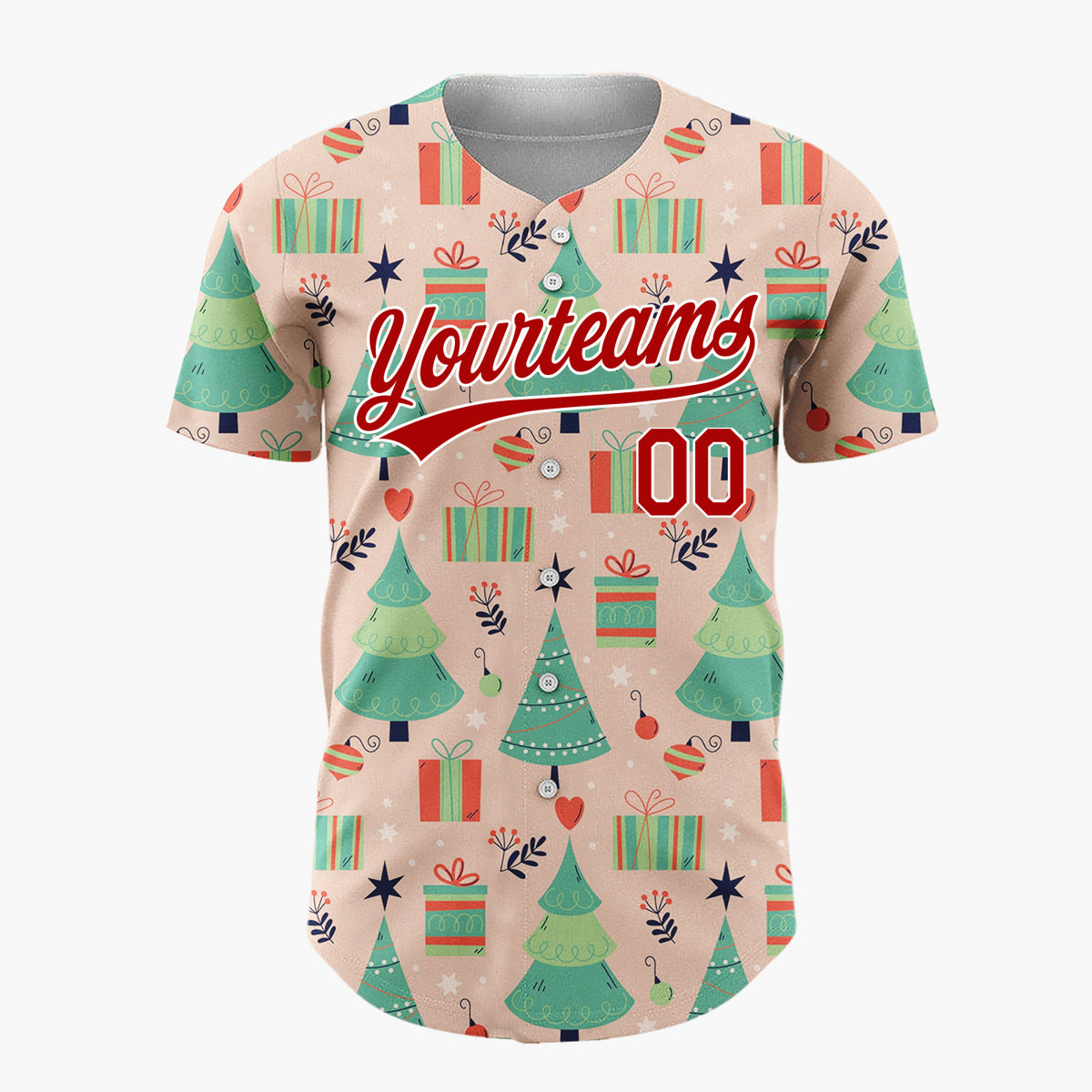 Custom Peach Green Christmas Trees Gifts And Ornaments Cheerful Holiday Pattern Christmas Baseball Jersey