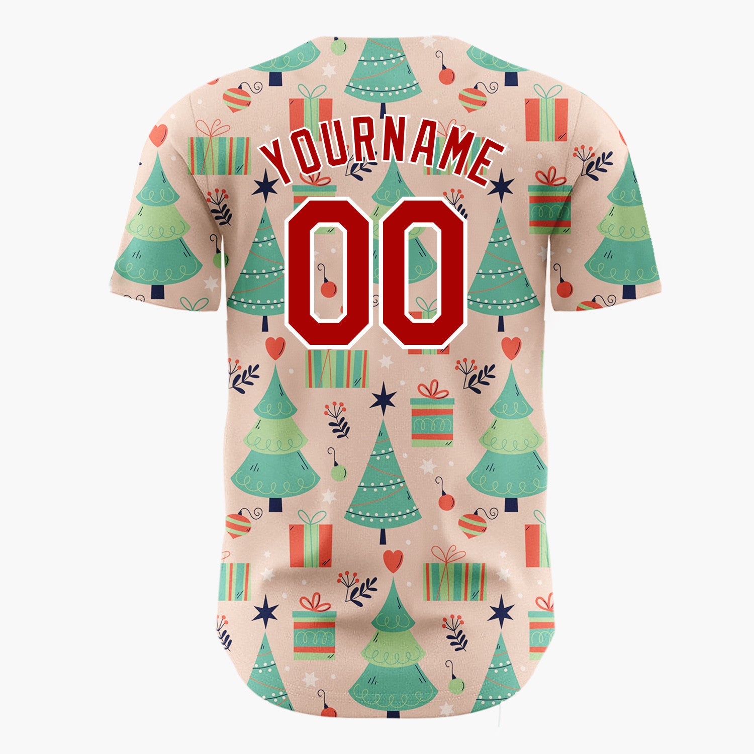 Custom Peach Green Christmas Trees Gifts And Ornaments Cheerful Holiday Pattern Christmas Baseball Jersey