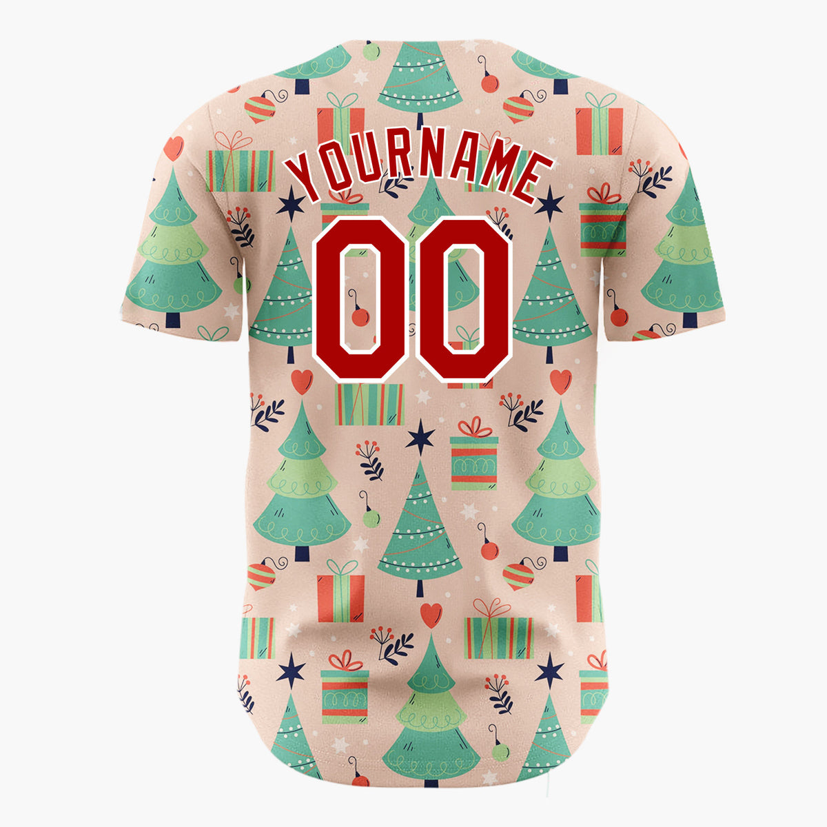 Custom Peach Green Christmas Trees Gifts And Ornaments Cheerful Holiday Pattern Christmas Baseball Jersey