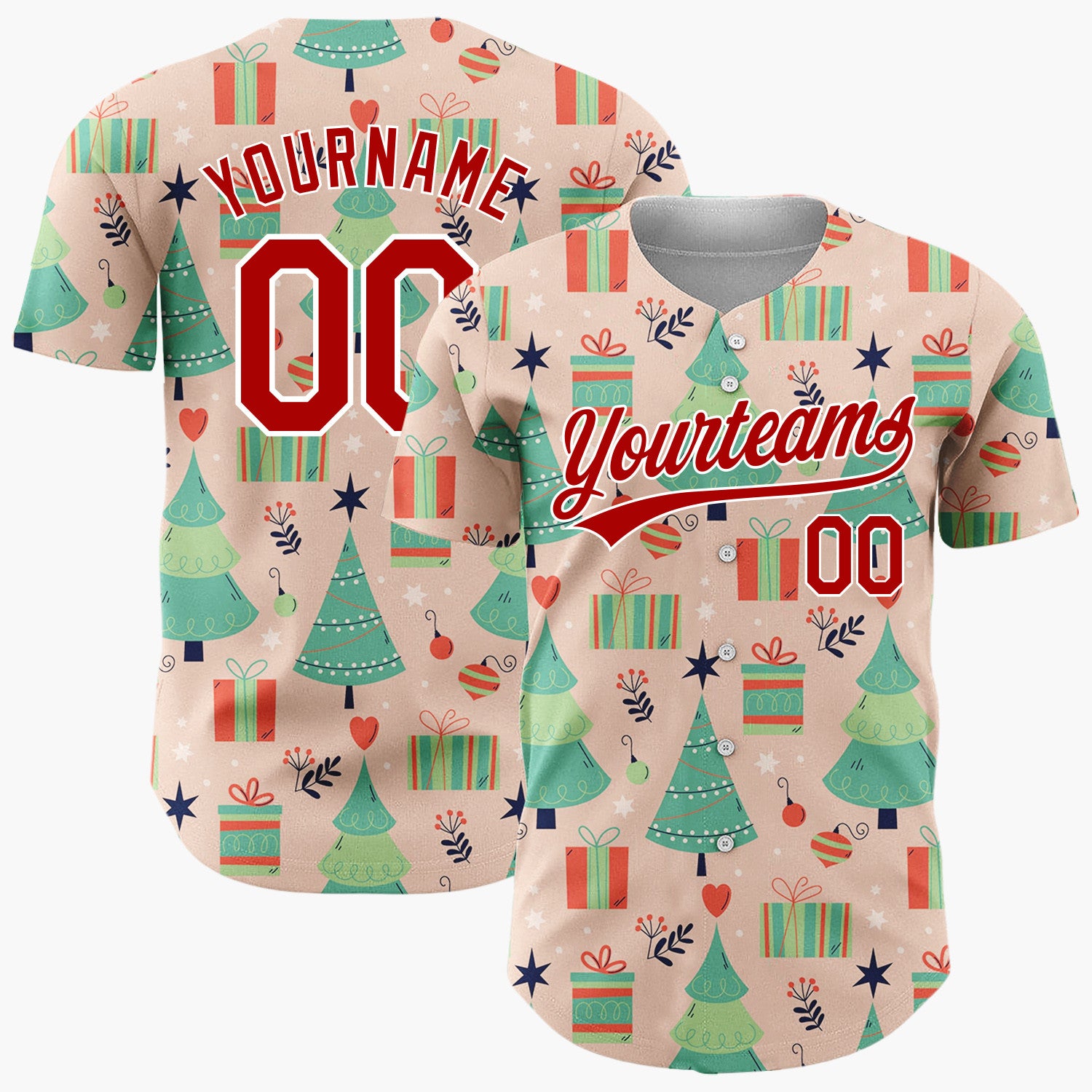 Custom Peach Green Christmas Trees Gifts And Ornaments Cheerful Holiday Pattern Christmas Baseball Jersey