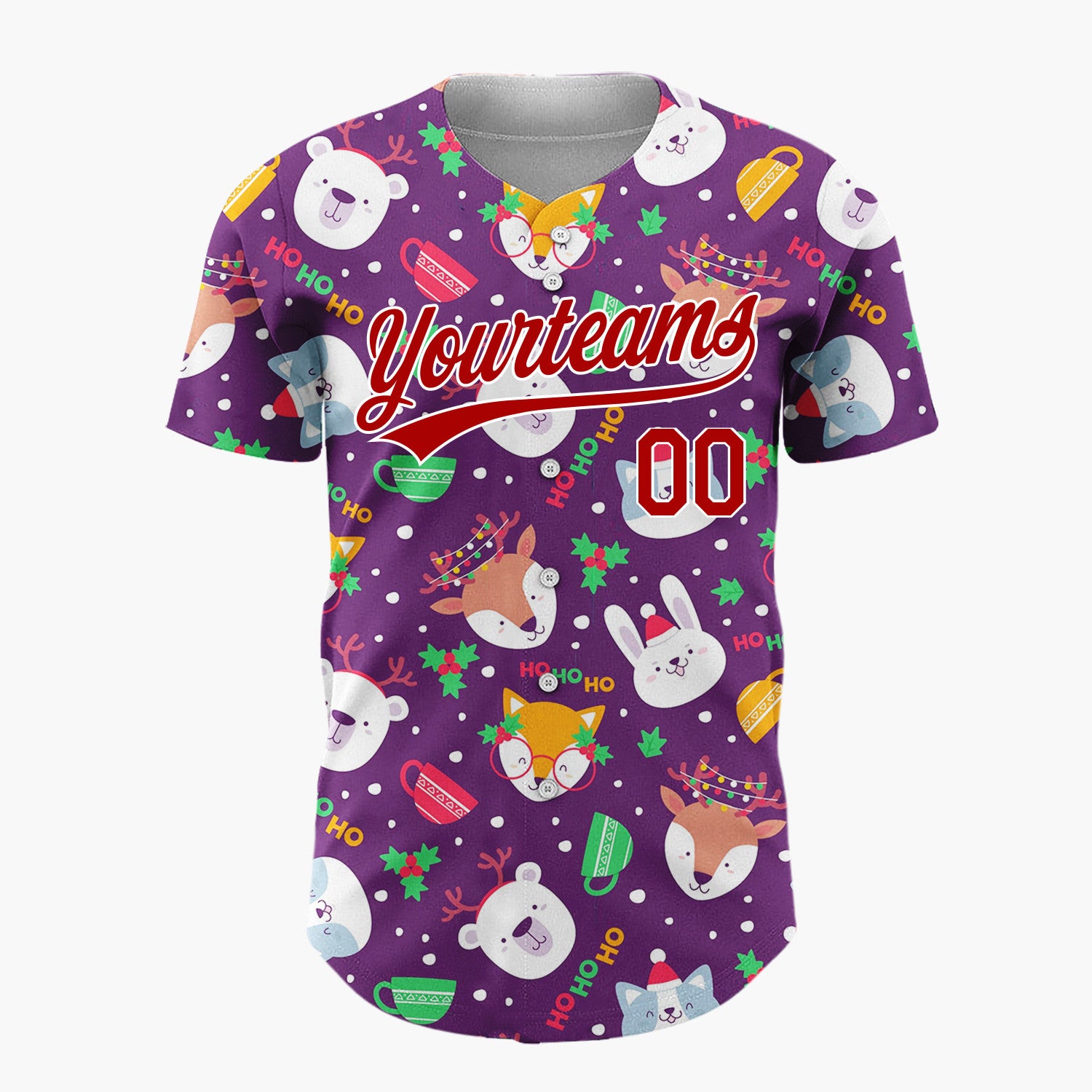 Custom Purple White Animal Faces And Mugs Christmas Character Doodle Pattern Christmas Baseball Jersey