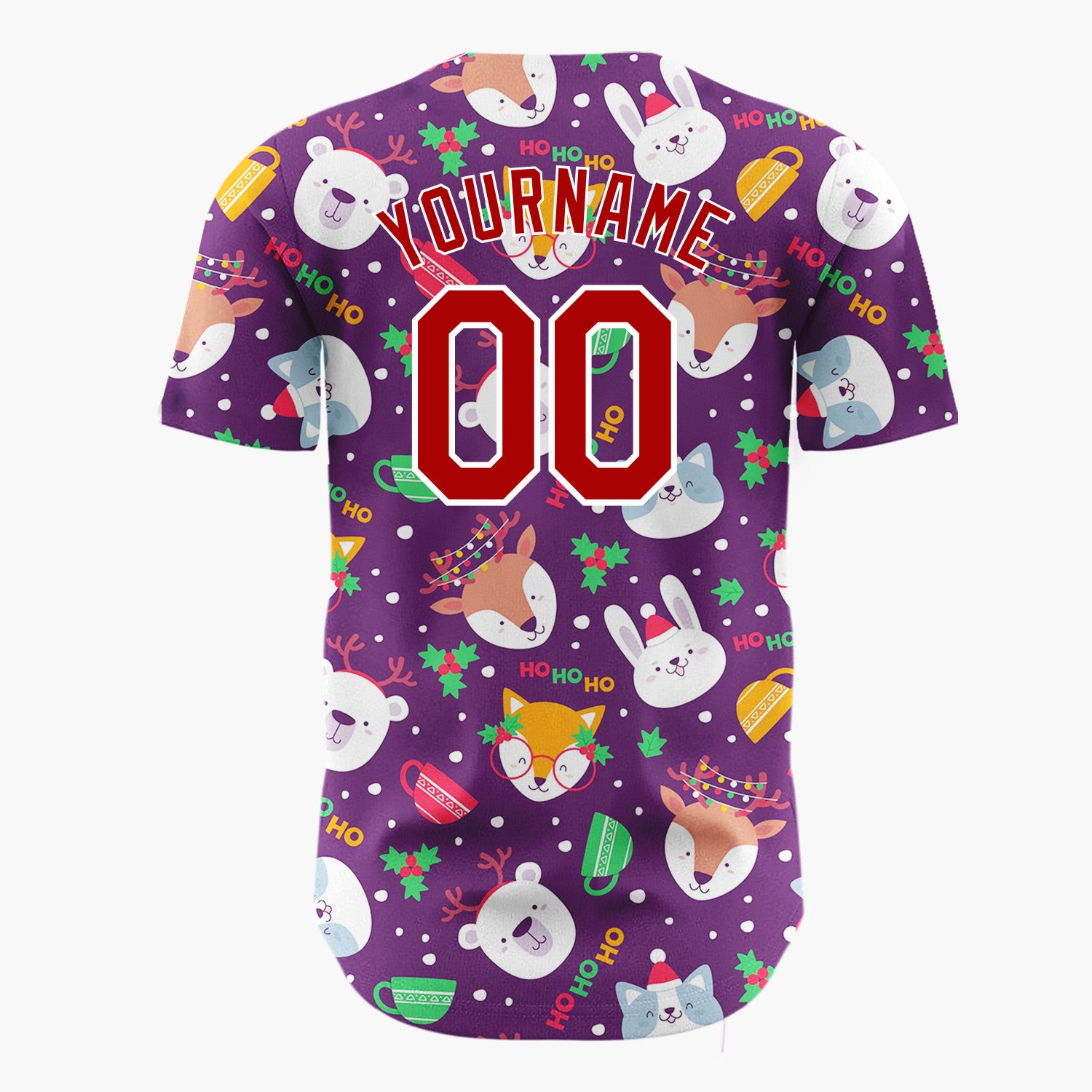 Custom Purple White Animal Faces And Mugs Christmas Character Doodle Pattern Christmas Baseball Jersey