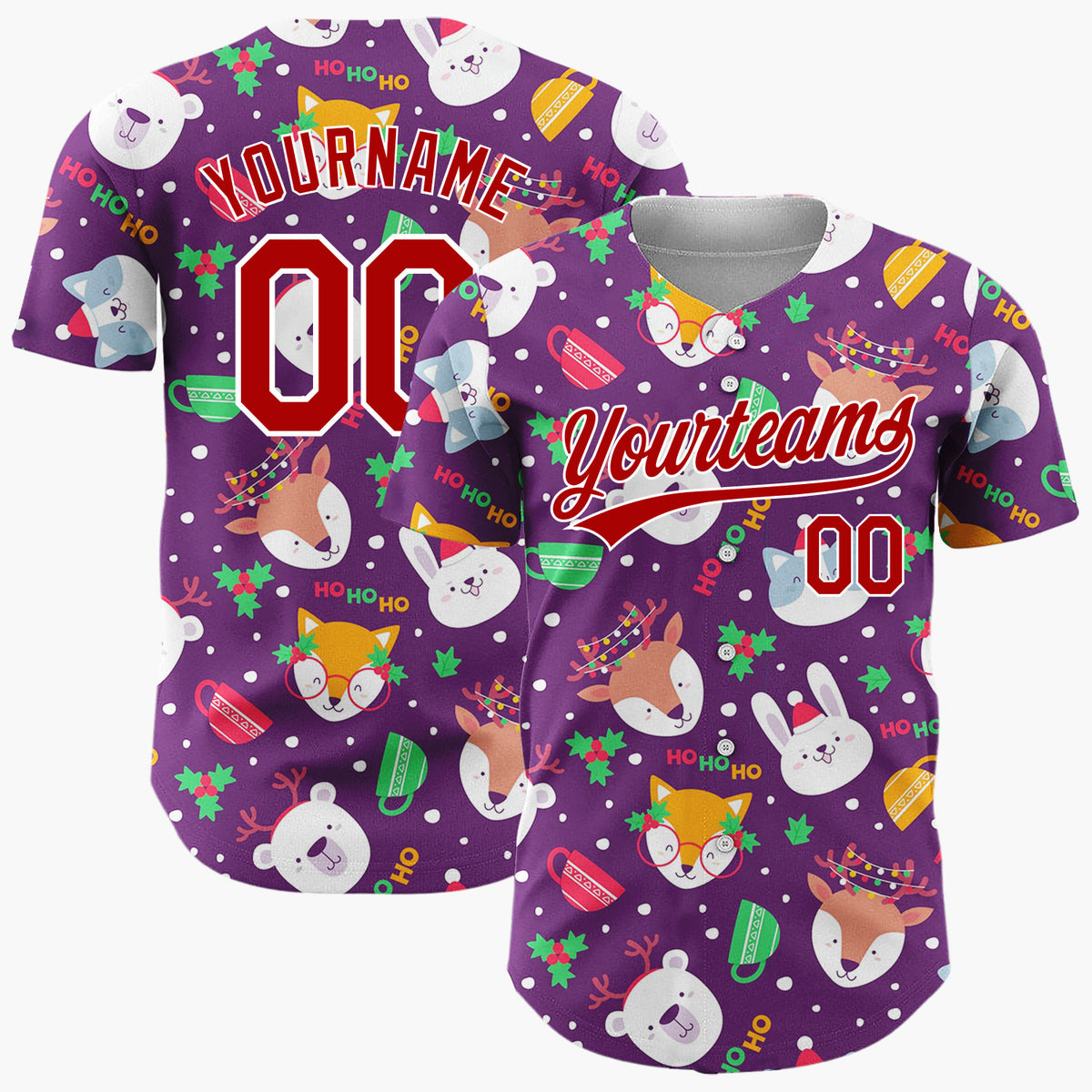 Custom Purple White Animal Faces And Mugs Christmas Character Doodle Pattern Christmas Baseball Jersey