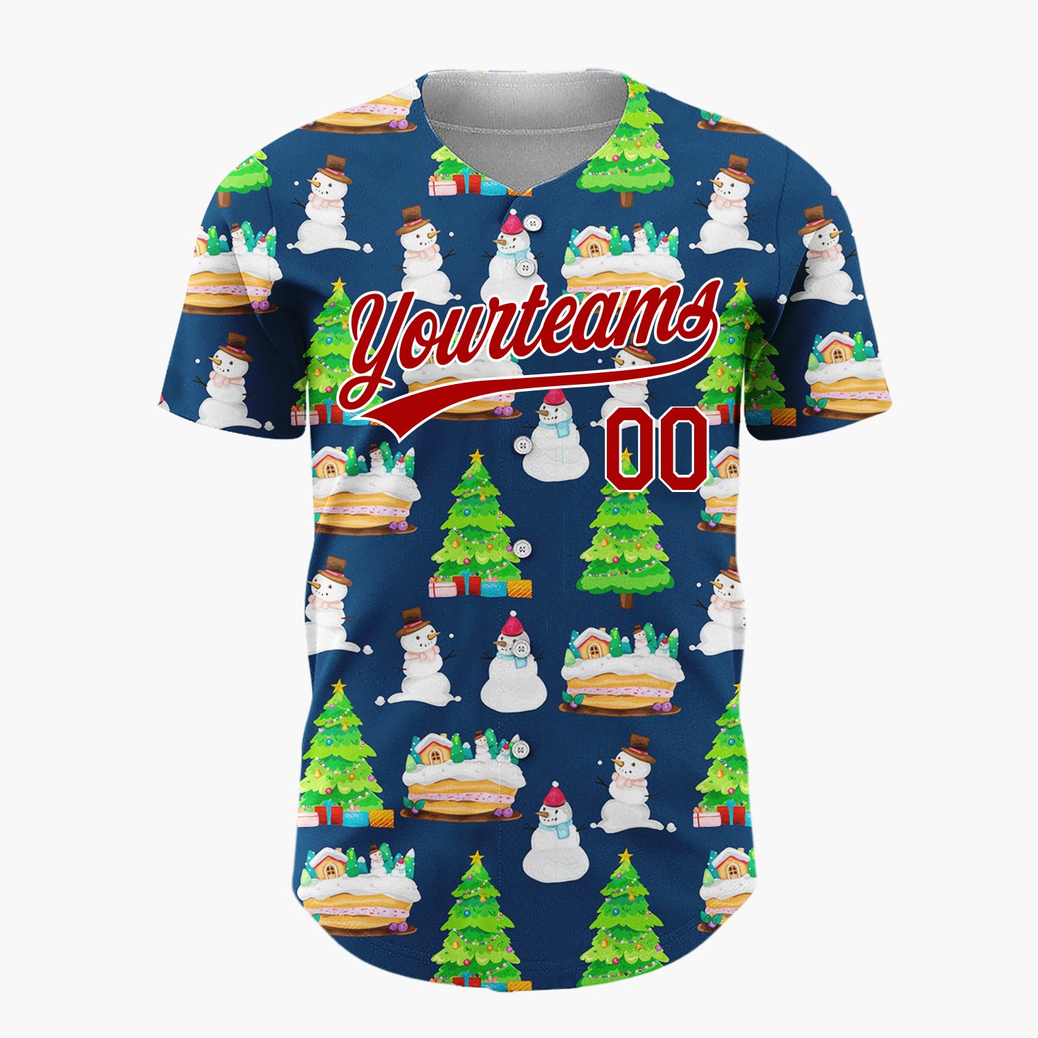 Custom Navy Snowman And Cake Whimsical Illustration Pattern Christmas Baseball Jersey