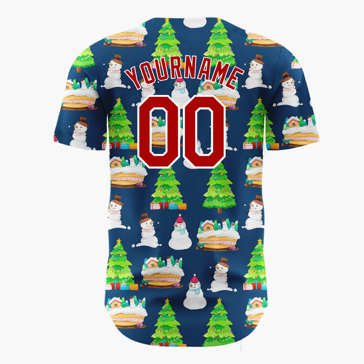 Custom Navy Snowman And Cake Whimsical Illustration Pattern Christmas Baseball Jersey
