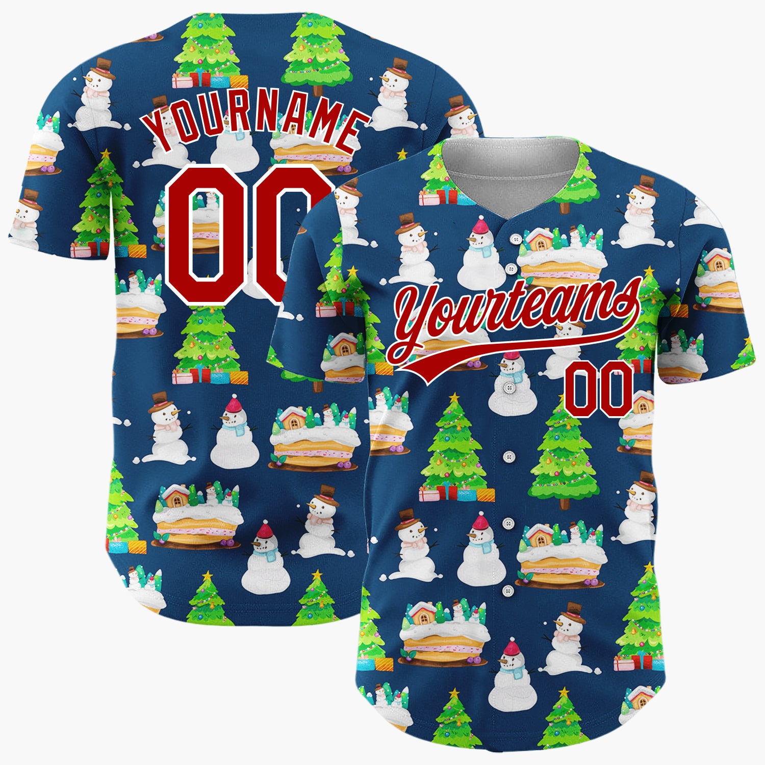 Custom Navy Snowman And Cake Whimsical Illustration Pattern Christmas Baseball Jersey