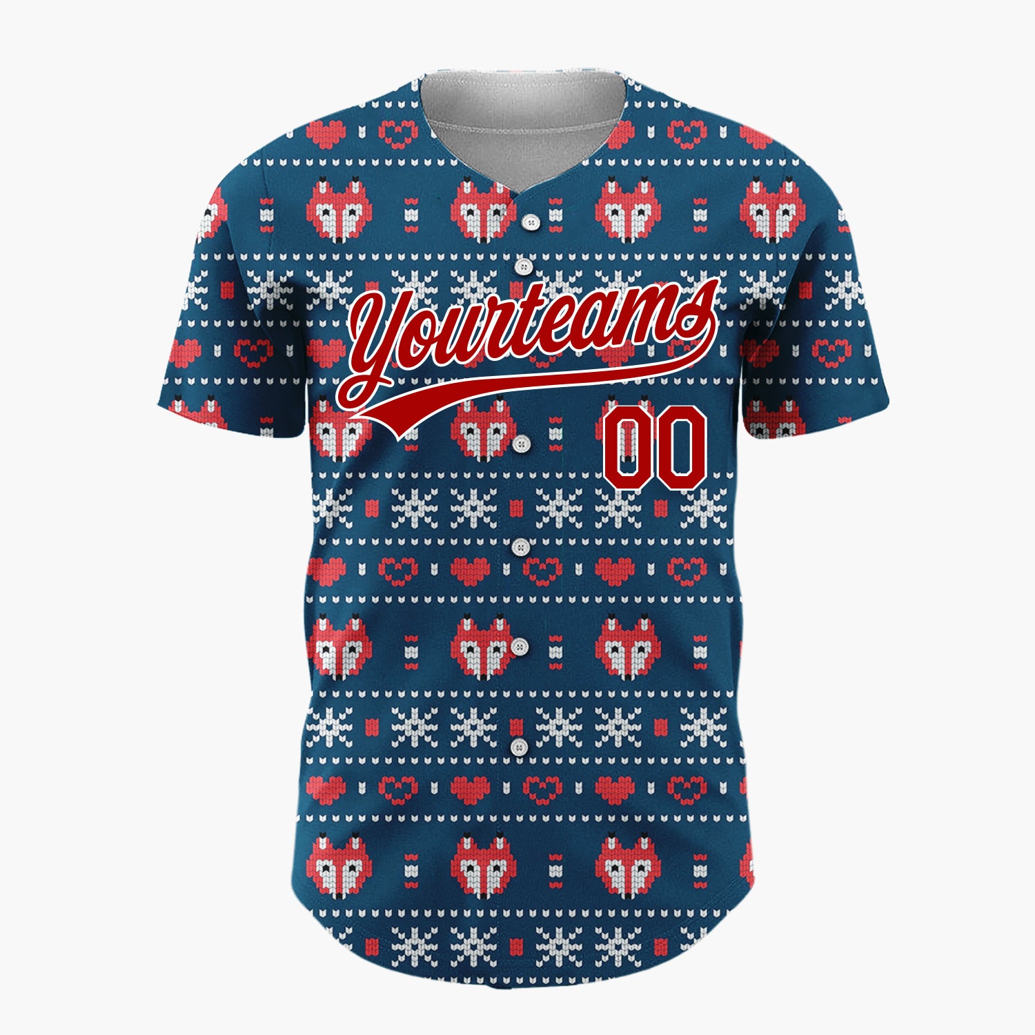 Custom Navy Red White Foxes Hearts And Snowflakes Nordic Knit Pattern Christmas Baseball Jersey