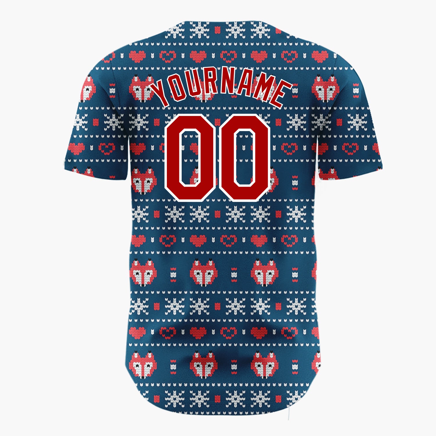 Custom Navy Red White Foxes Hearts And Snowflakes Nordic Knit Pattern Christmas Baseball Jersey