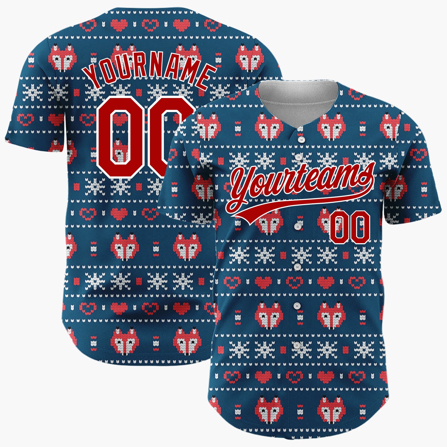 Custom Navy Red White Foxes Hearts And Snowflakes Nordic Knit Pattern Christmas Baseball Jersey
