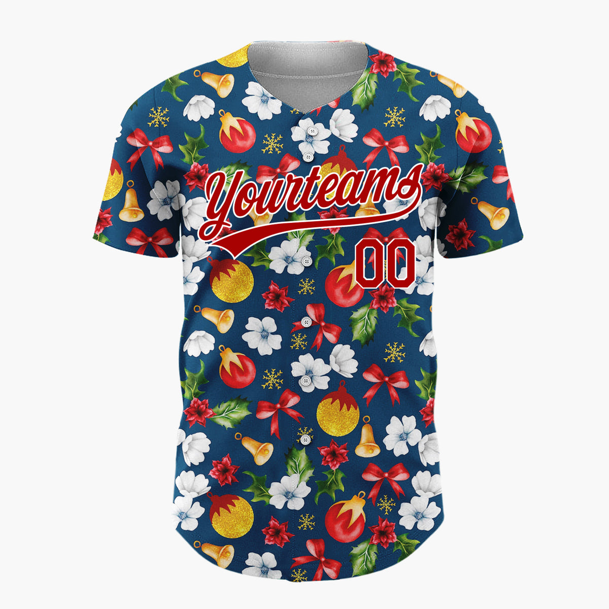 Custom Navy Red Gold Florals Bows And Baubles Christmas Botanical Pattern Christmas Baseball Jersey