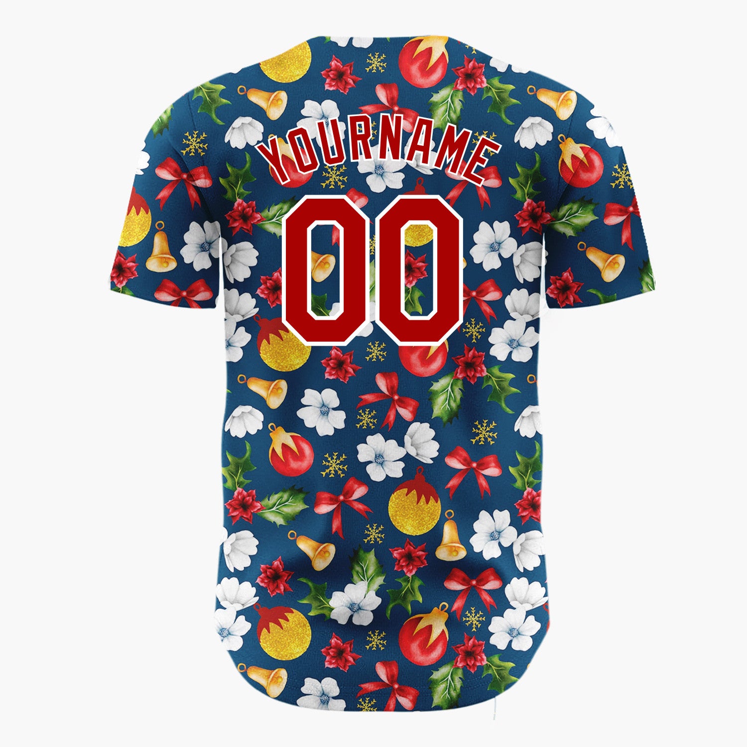 Custom Navy Red Gold Florals Bows And Baubles Christmas Botanical Pattern Christmas Baseball Jersey