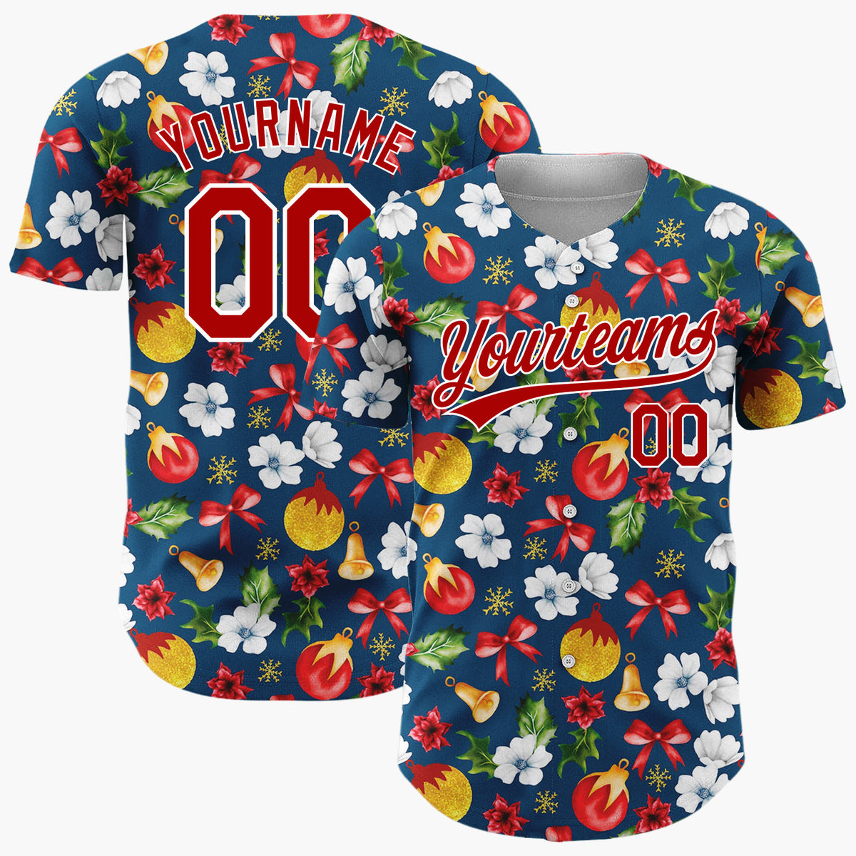 Custom Navy Red Gold Florals Bows And Baubles Christmas Botanical Pattern Christmas Baseball Jersey