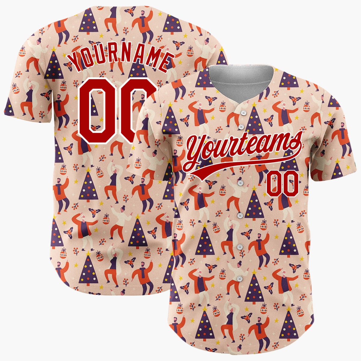 Custom Pink Red Dancing People Christmas Tree Abstract Pattern Christmas Baseball Jersey