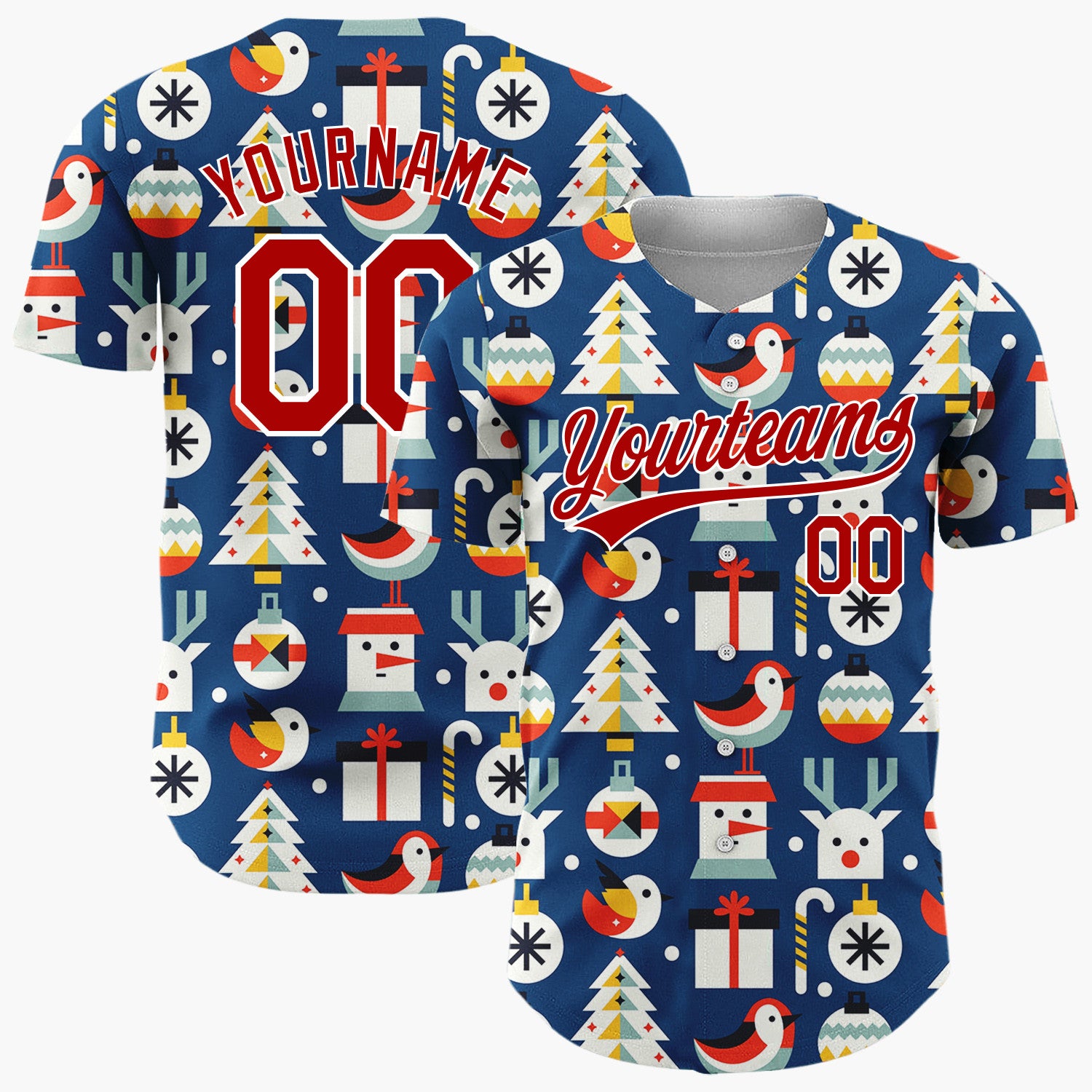 Custom Navy Minimalist Santa Reindeer And Bird Geometric Christmas Baseball Jersey