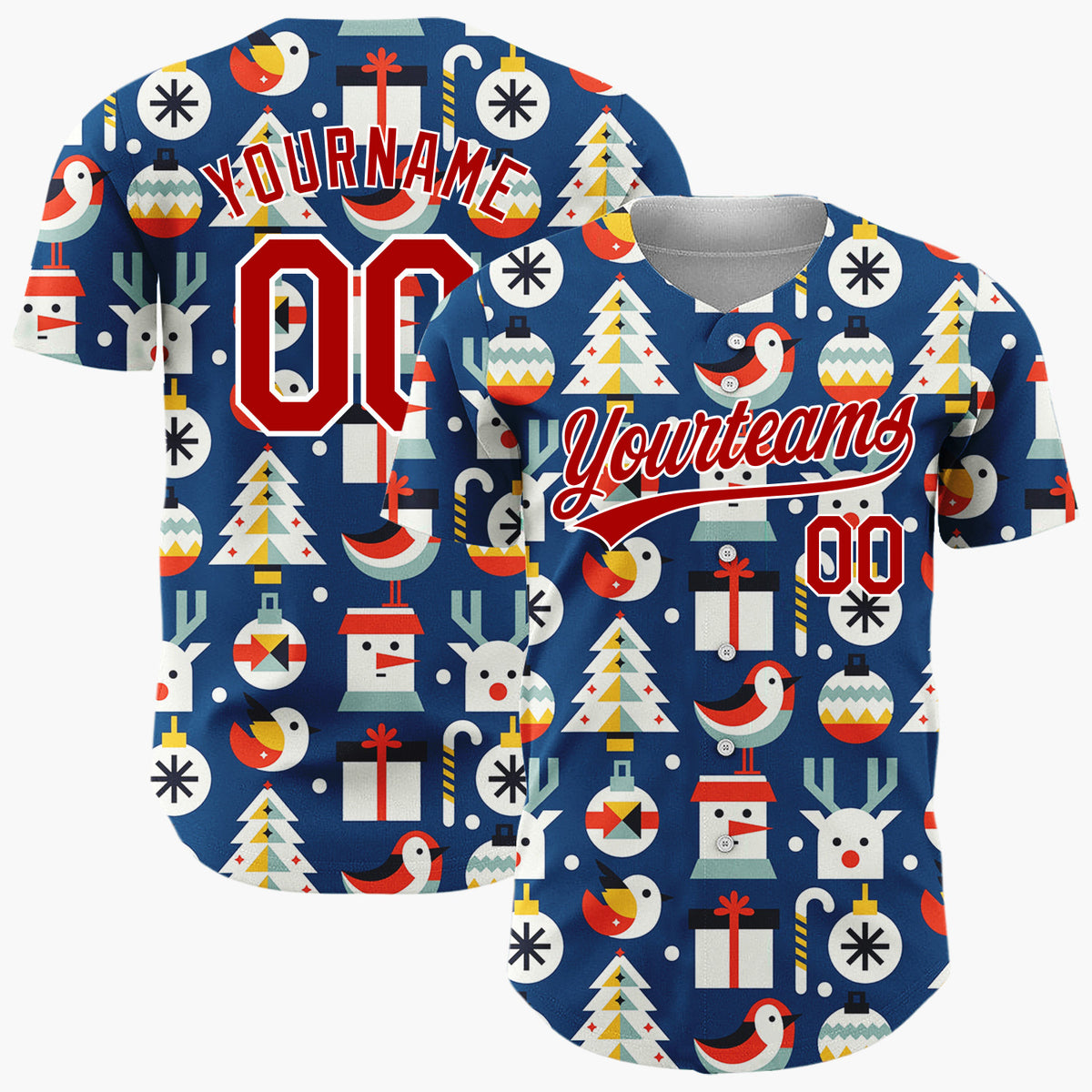 Custom Navy Minimalist Santa Reindeer And Bird Geometric Christmas Baseball Jersey