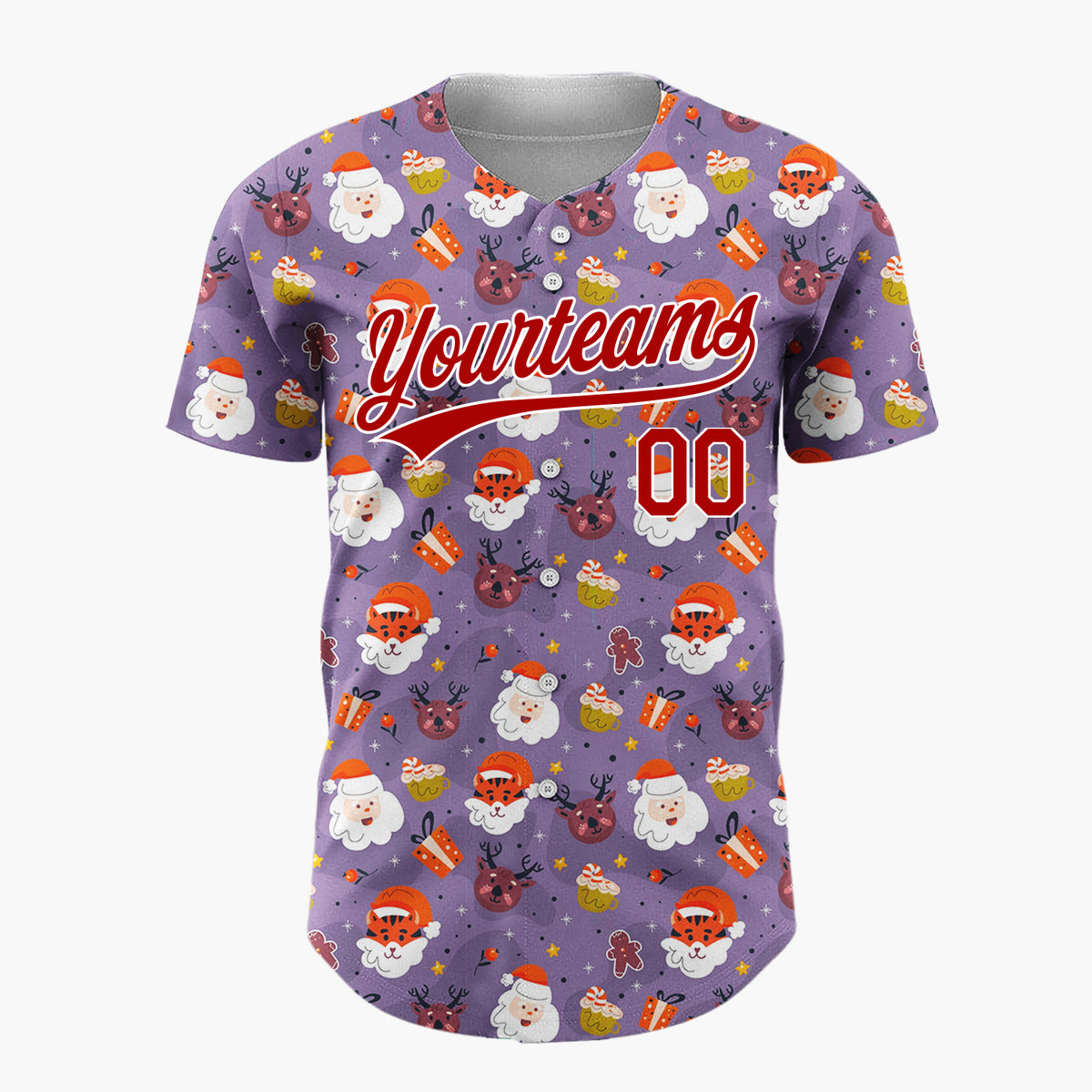 Custom Purple Santa Tiger Whimsical Cartoon Pattern Christmas Baseball Jersey