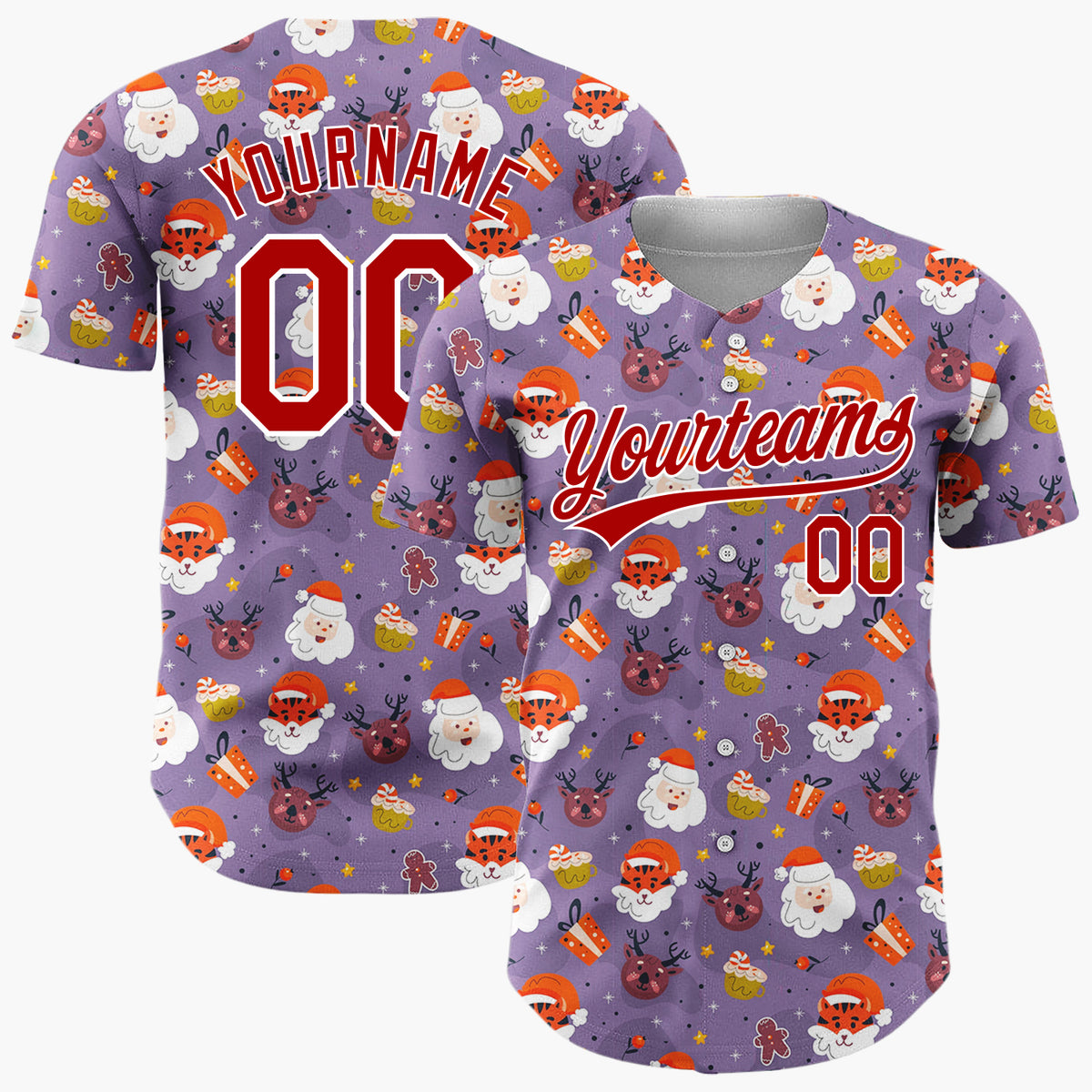 Custom Purple Santa Tiger Whimsical Cartoon Pattern Christmas Baseball Jersey