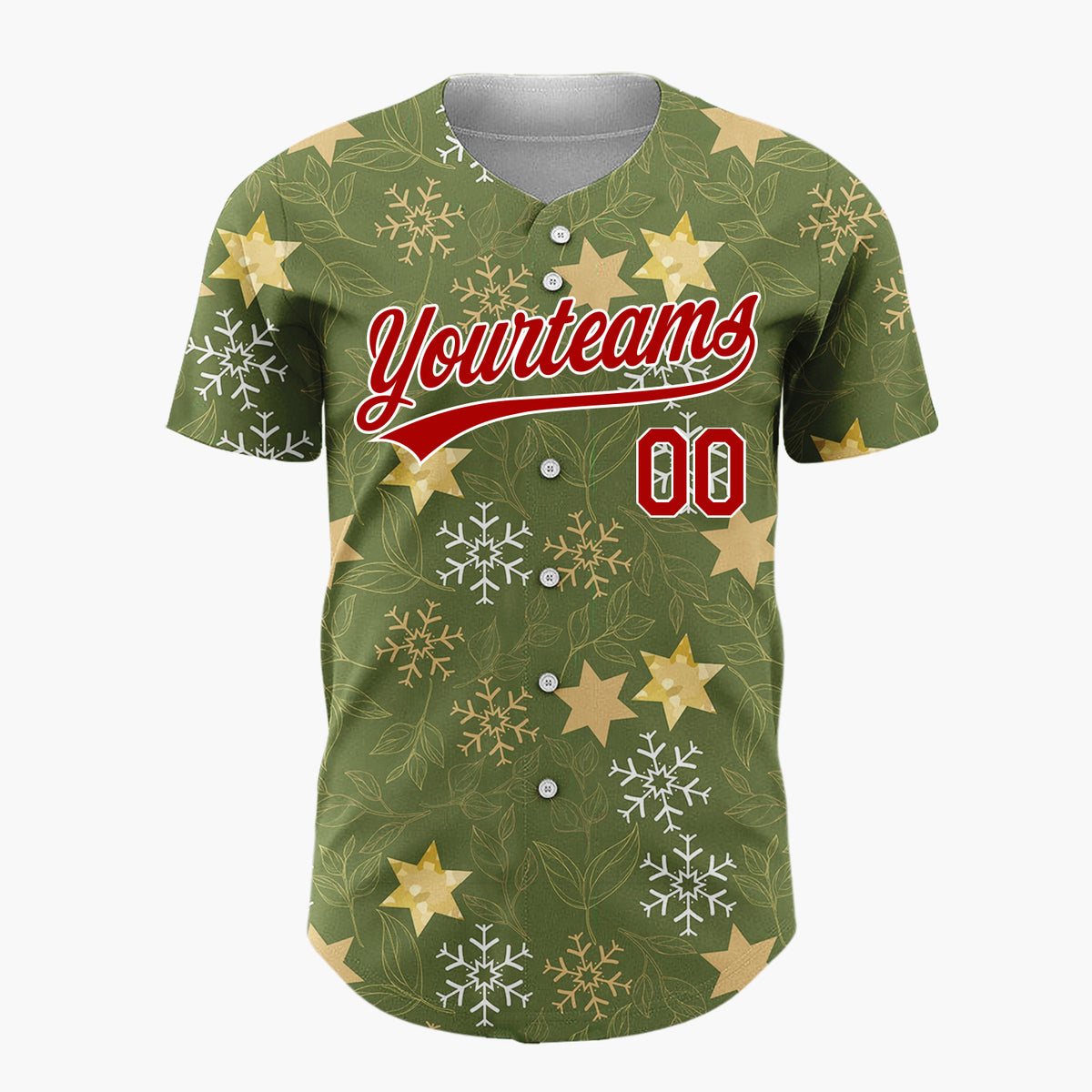 Custom Olive Green Stars Leaves And Snowflakes Elegant Holiday Pattern Christmas Baseball Jersey