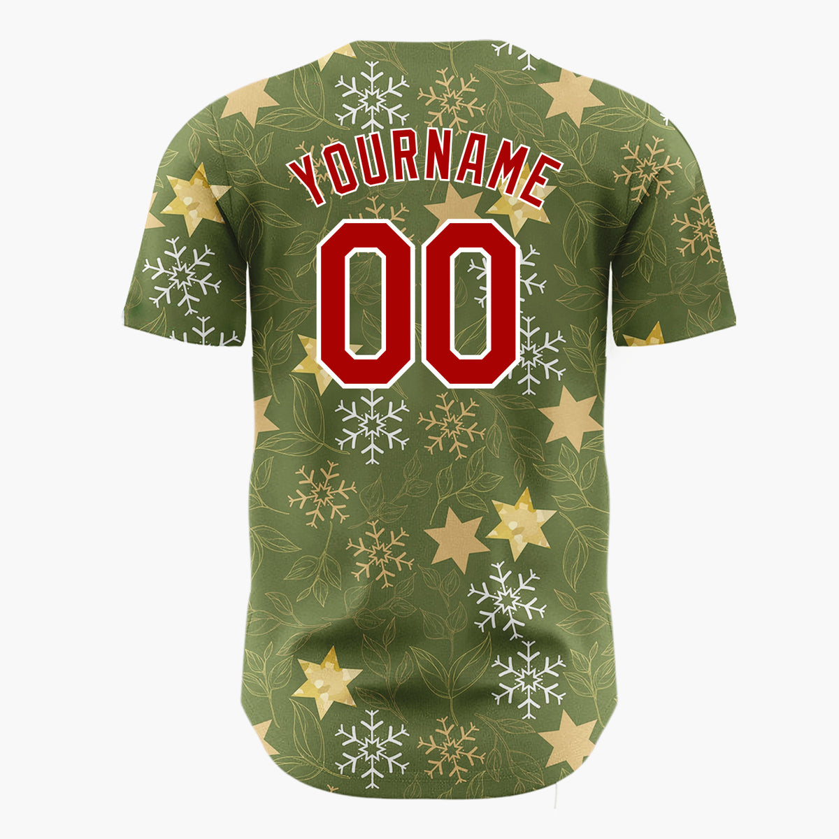 Custom Olive Green Stars Leaves And Snowflakes Elegant Holiday Pattern Christmas Baseball Jersey