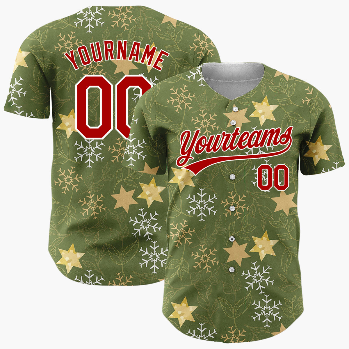 Custom Olive Green Stars Leaves And Snowflakes Elegant Holiday Pattern Christmas Baseball Jersey