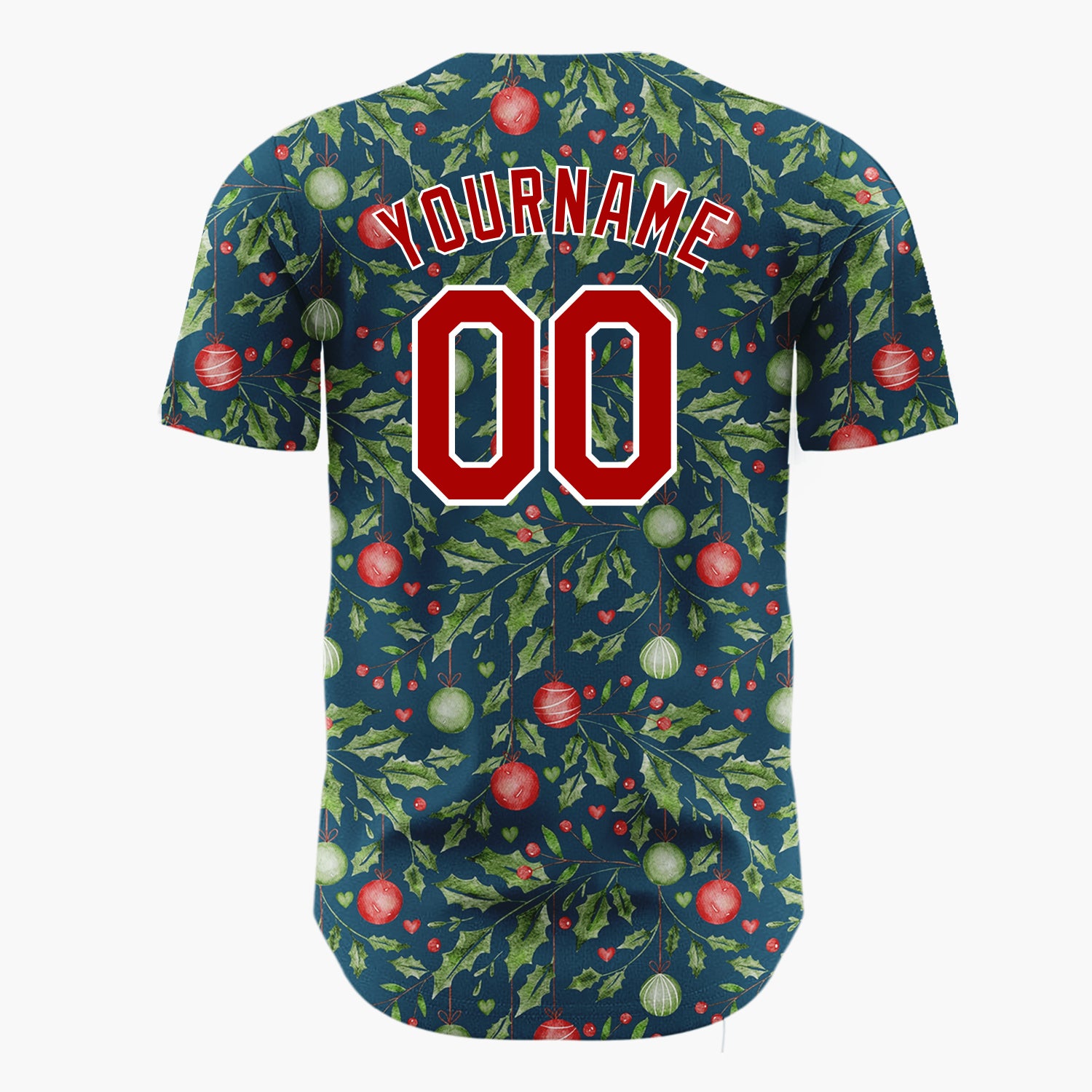 Custom Navy Holly And Ornaments Watercolor Christmas Baseball Jersey