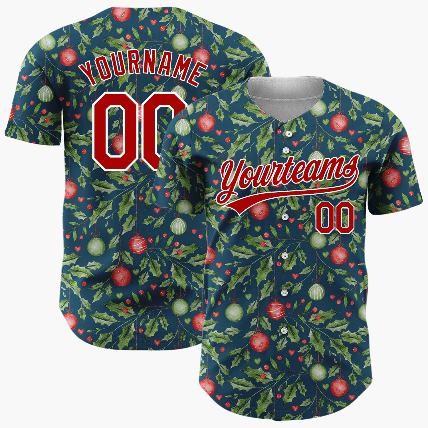 Custom Navy Holly And Ornaments Watercolor Christmas Baseball Jersey