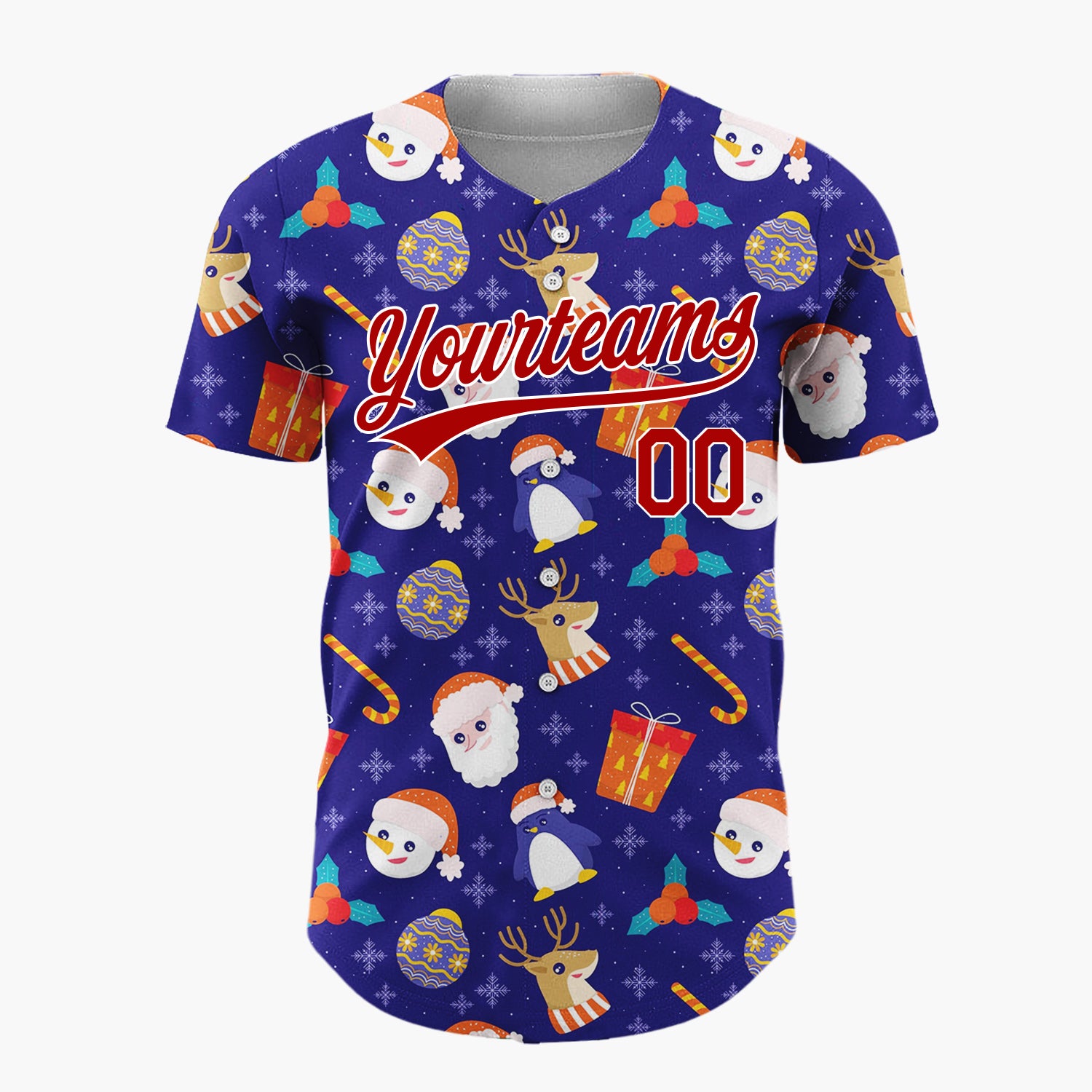 Custom Navy Red Penguins Santas And Reindeers Cute Winter Holiday Pattern Christmas Baseball Jersey