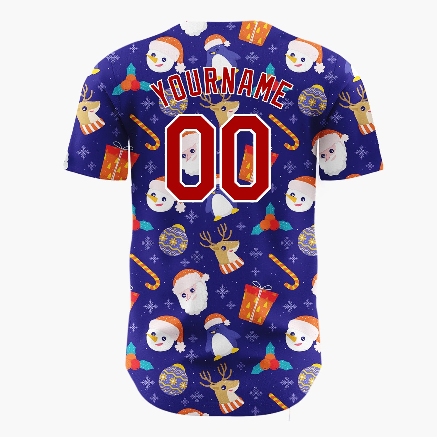 Custom Navy Red Penguins Santas And Reindeers Cute Winter Holiday Pattern Christmas Baseball Jersey