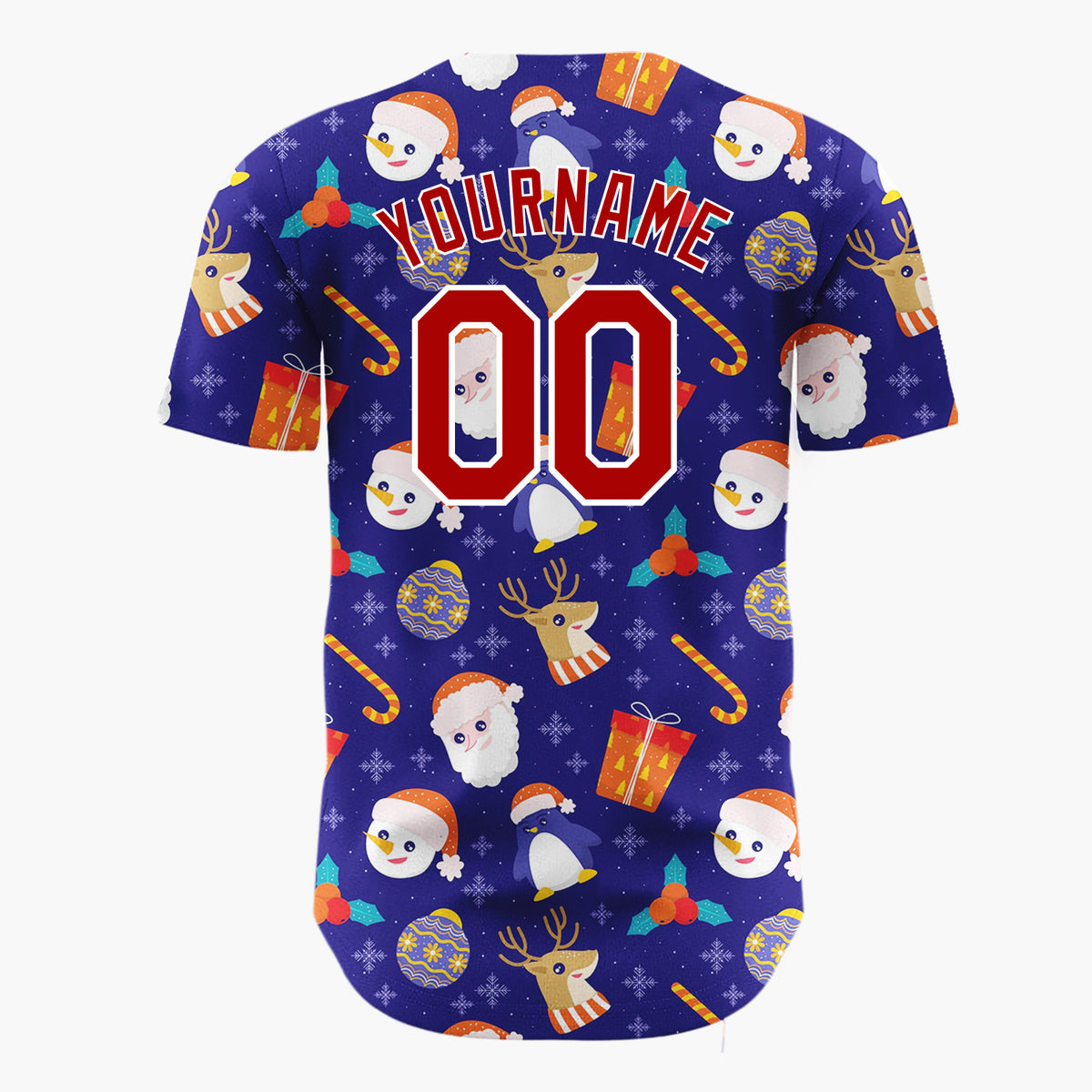 Custom Navy Red Penguins Santas And Reindeers Cute Winter Holiday Pattern Christmas Baseball Jersey