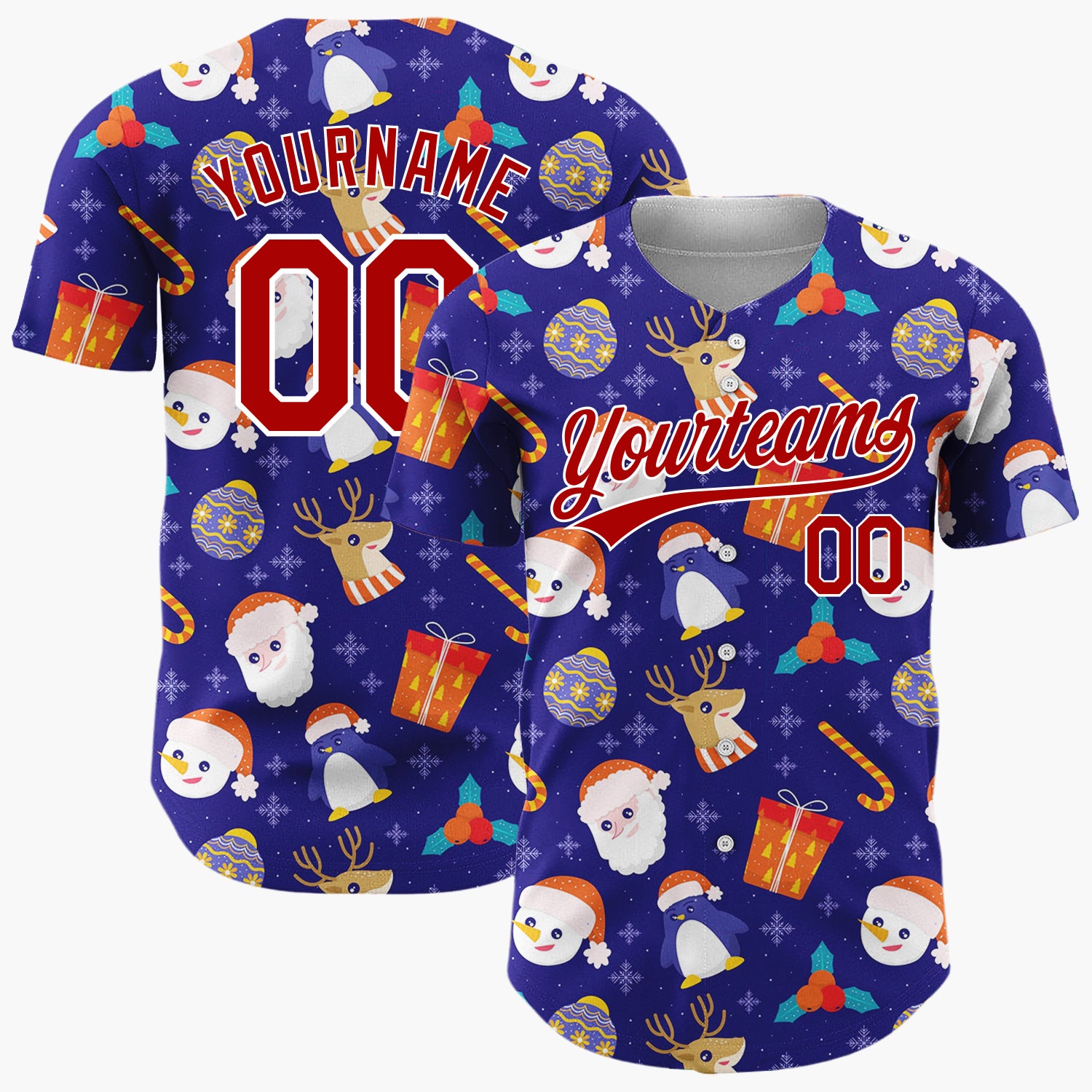 Custom Navy Red Penguins Santas And Reindeers Cute Winter Holiday Pattern Christmas Baseball Jersey