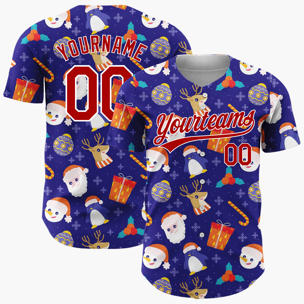 Custom Navy Red Penguins Santas And Reindeers Cute Winter Holiday Pattern Christmas Baseball Jersey