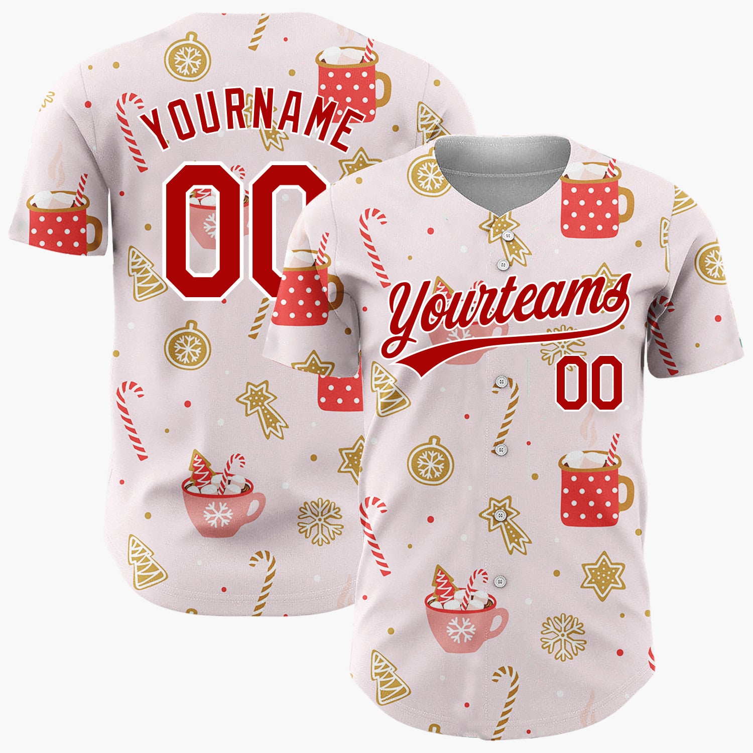Custom Pink Hot Chocolate Candy Cane Cute Christmas Baseball Jersey