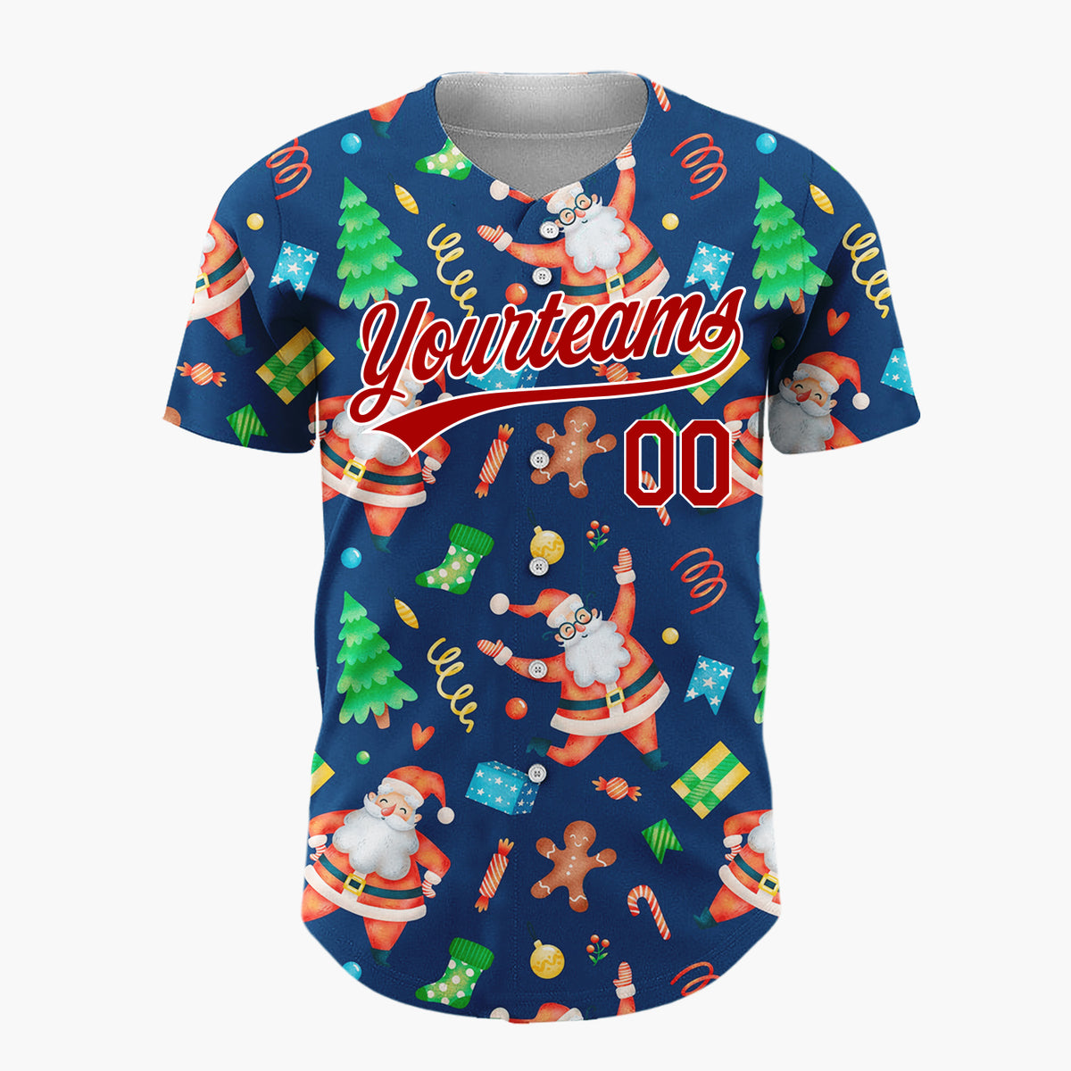 Custom Navy Santa Gingerbread And Tree Watercolor Cartoon Pattern Christmas Baseball Jersey