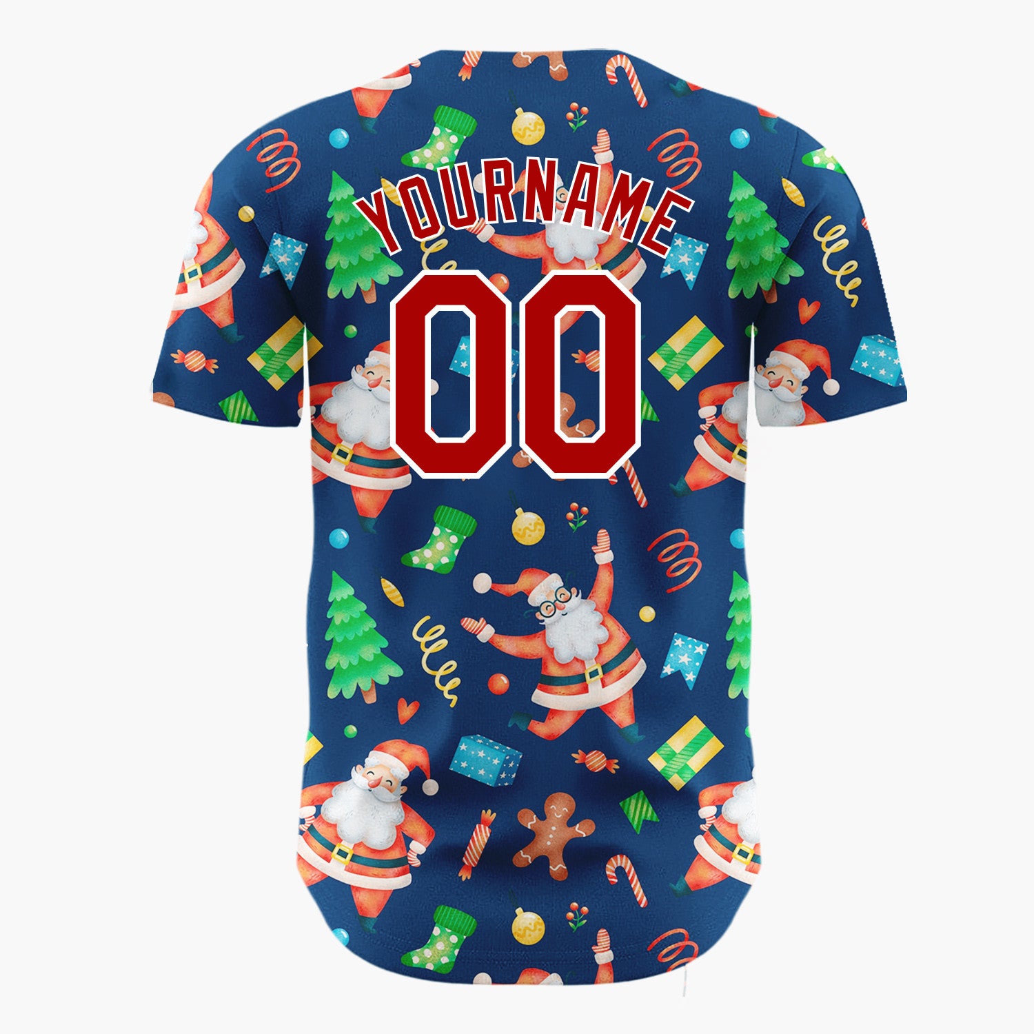 Custom Navy Santa Gingerbread And Tree Watercolor Cartoon Pattern Christmas Baseball Jersey
