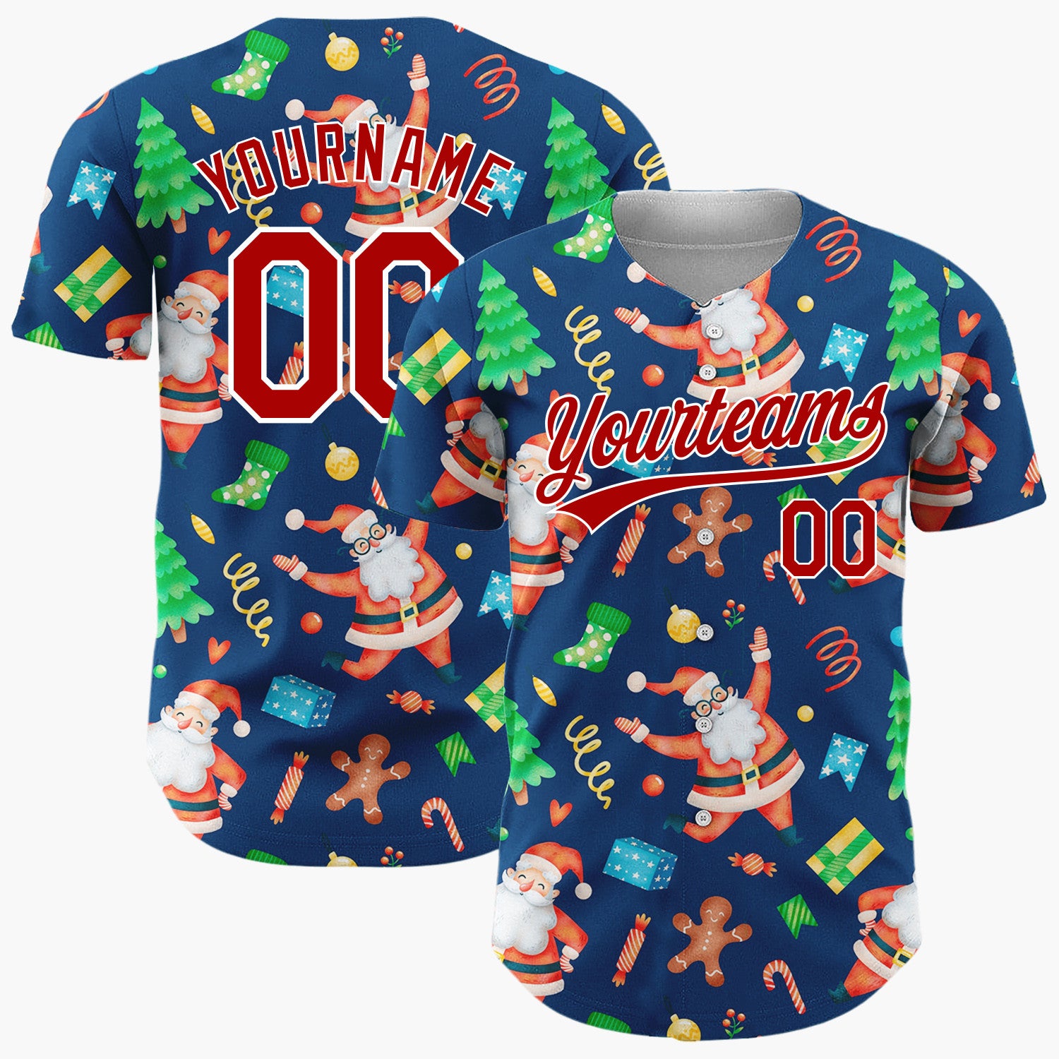 Custom Navy Santa Gingerbread And Tree Watercolor Cartoon Pattern Christmas Baseball Jersey
