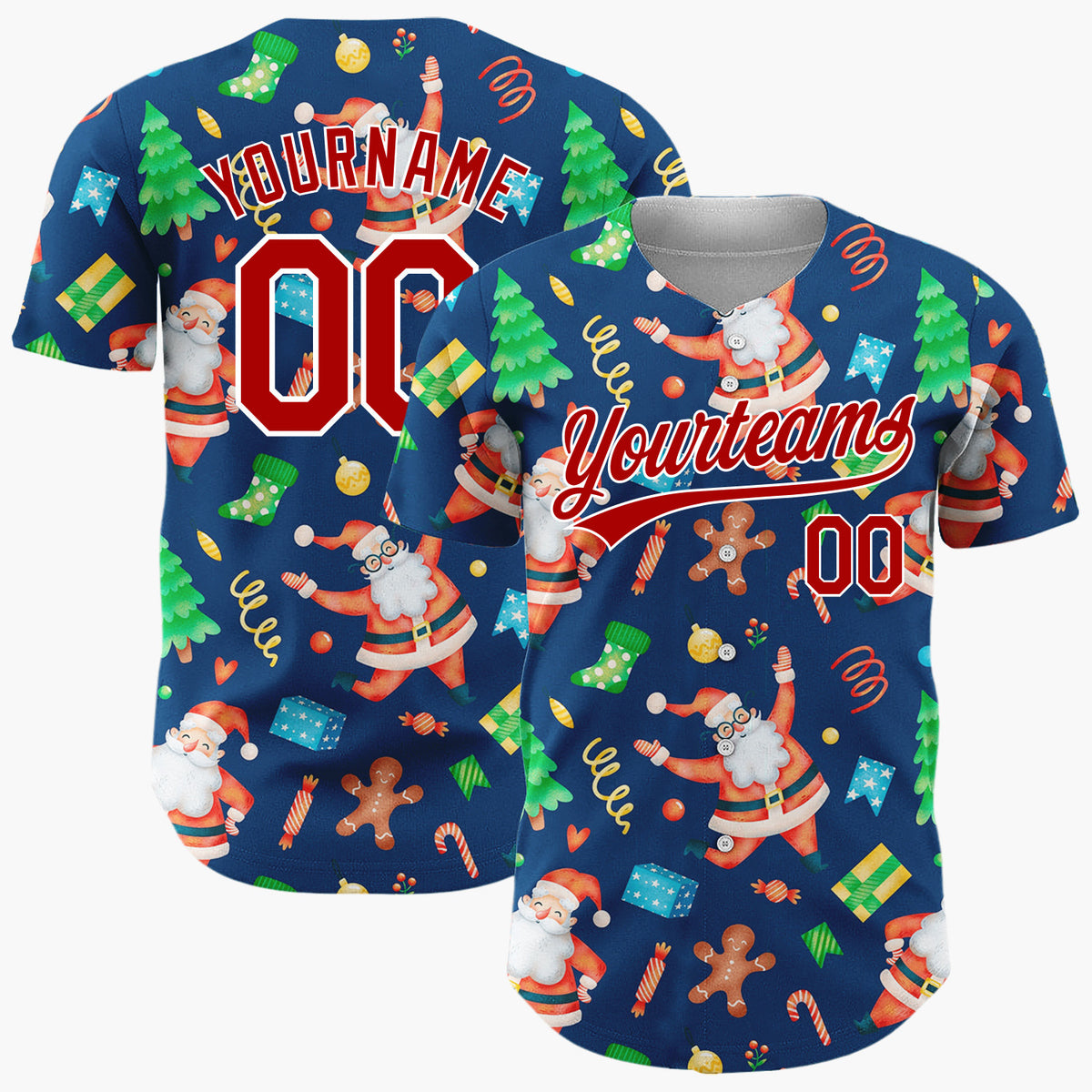 Custom Navy Santa Gingerbread And Tree Watercolor Cartoon Pattern Christmas Baseball Jersey