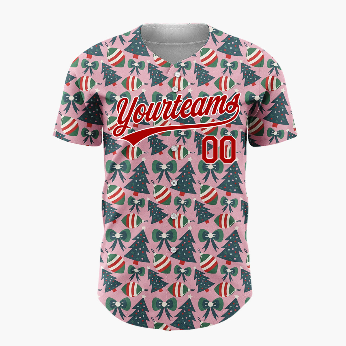 Custom Pink Green Trees Bows And Ornaments Cute Christmas Baseball Jersey