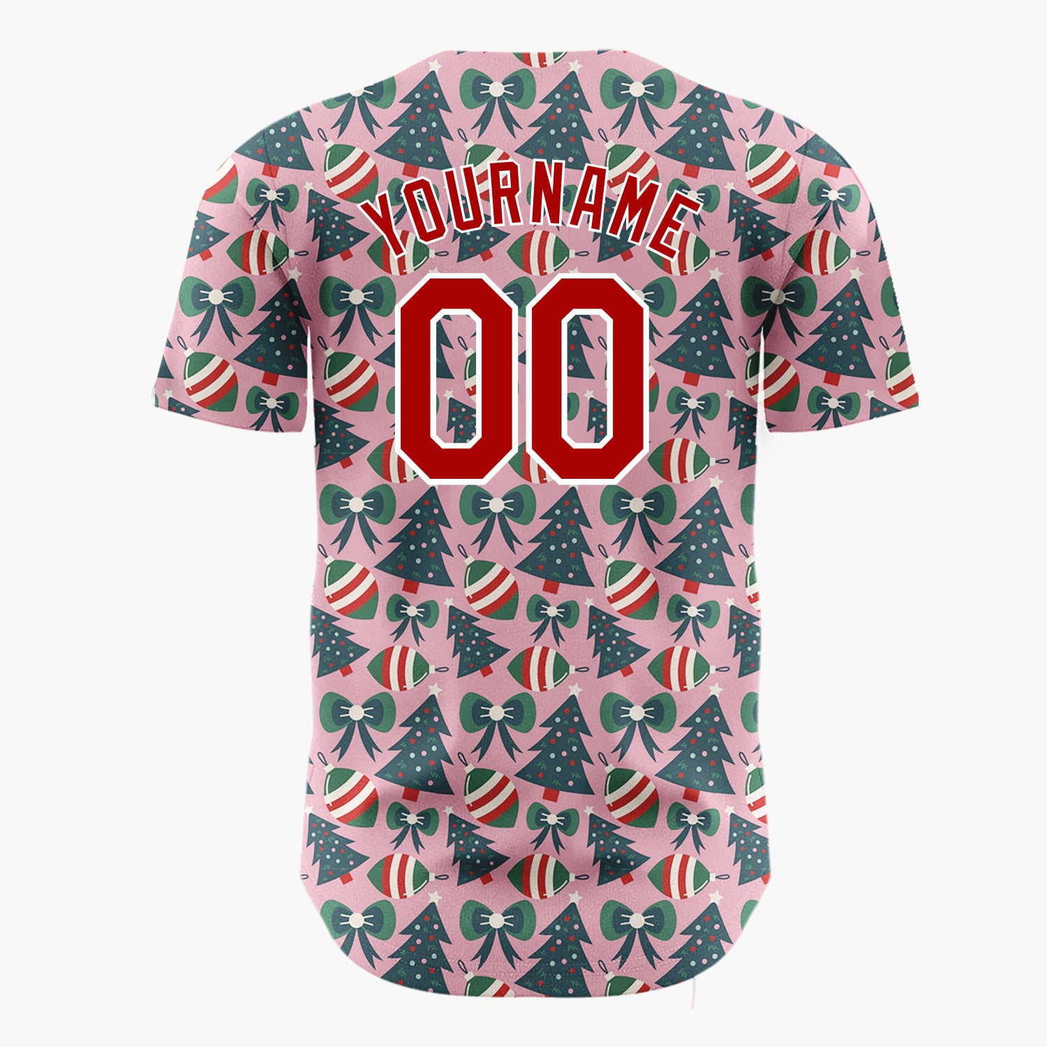 Custom Pink Green Trees Bows And Ornaments Cute Christmas Baseball Jersey